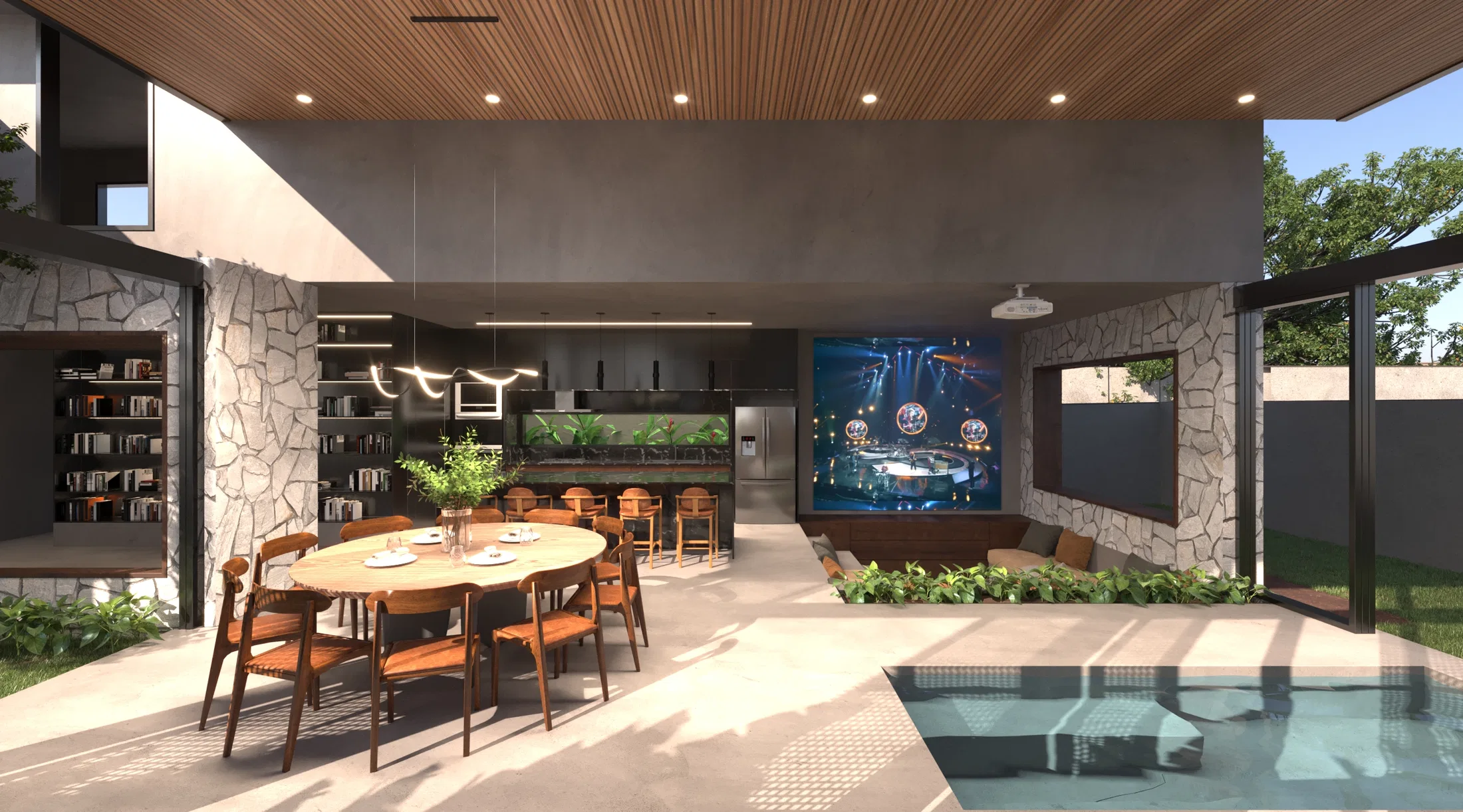 Living and dining area integrated with the pool, featuring a built-in bookshelf, a wood table with chairs and a wall screen showing a stage scene
