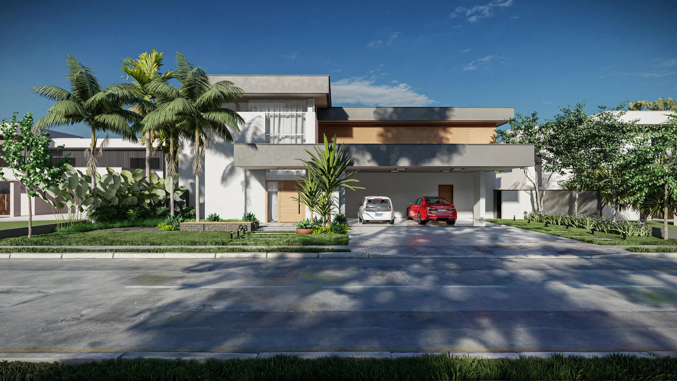 Architectural visualization of Single-Story Home with Imperial Palm Rows, Agaves and Pool — GRON 3D