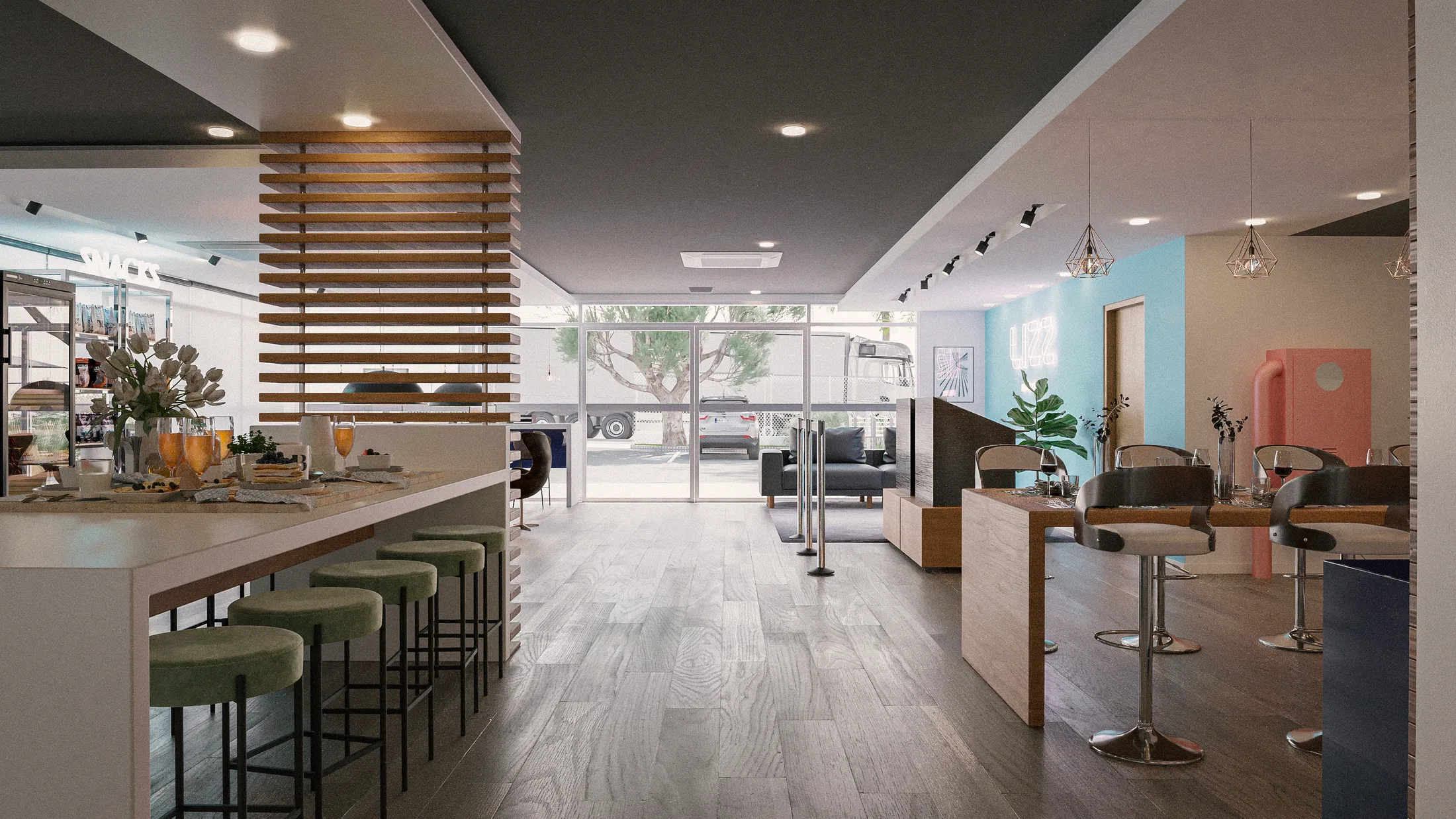 Indoor café with a white counter, green velvet stools and a wood-slat partition, with a waiting area and coral and turquoise accents beyond