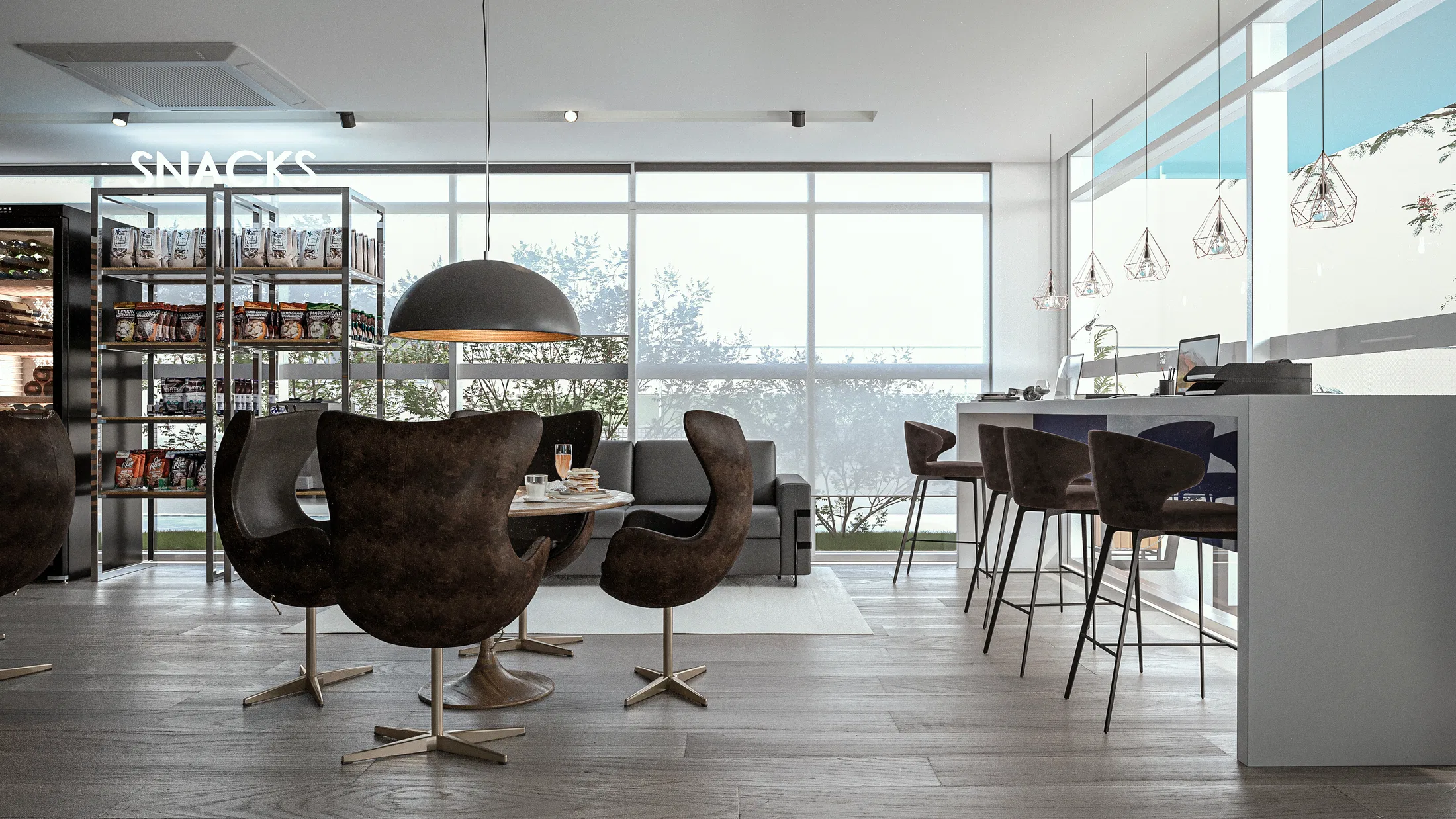 Snack bar with brown leather egg chairs around a low table, a product shelf, a dome pendant and a counter with stools beside glazing