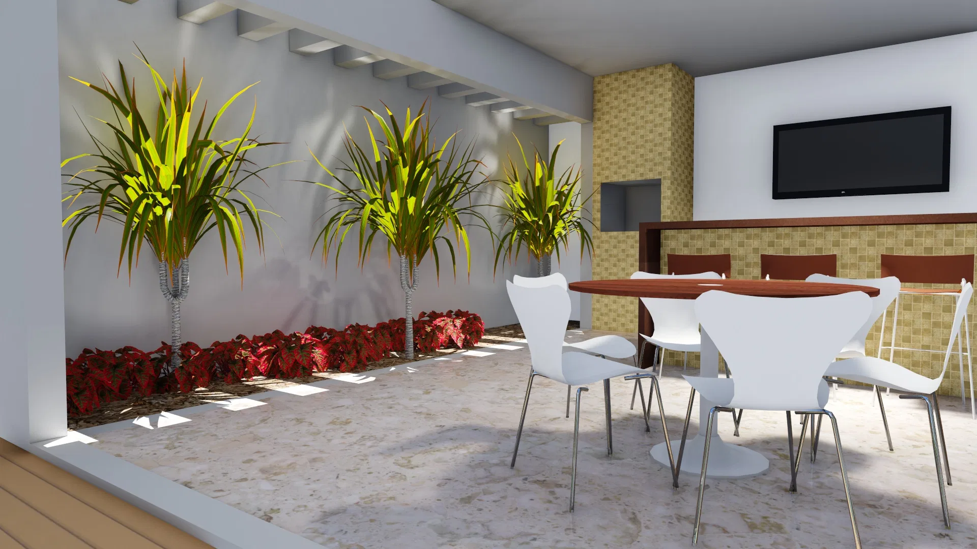 Covered gourmet area with a wood table and white chairs, a wall-mounted TV and a bed of dracaenas with red foliage beneath the stair