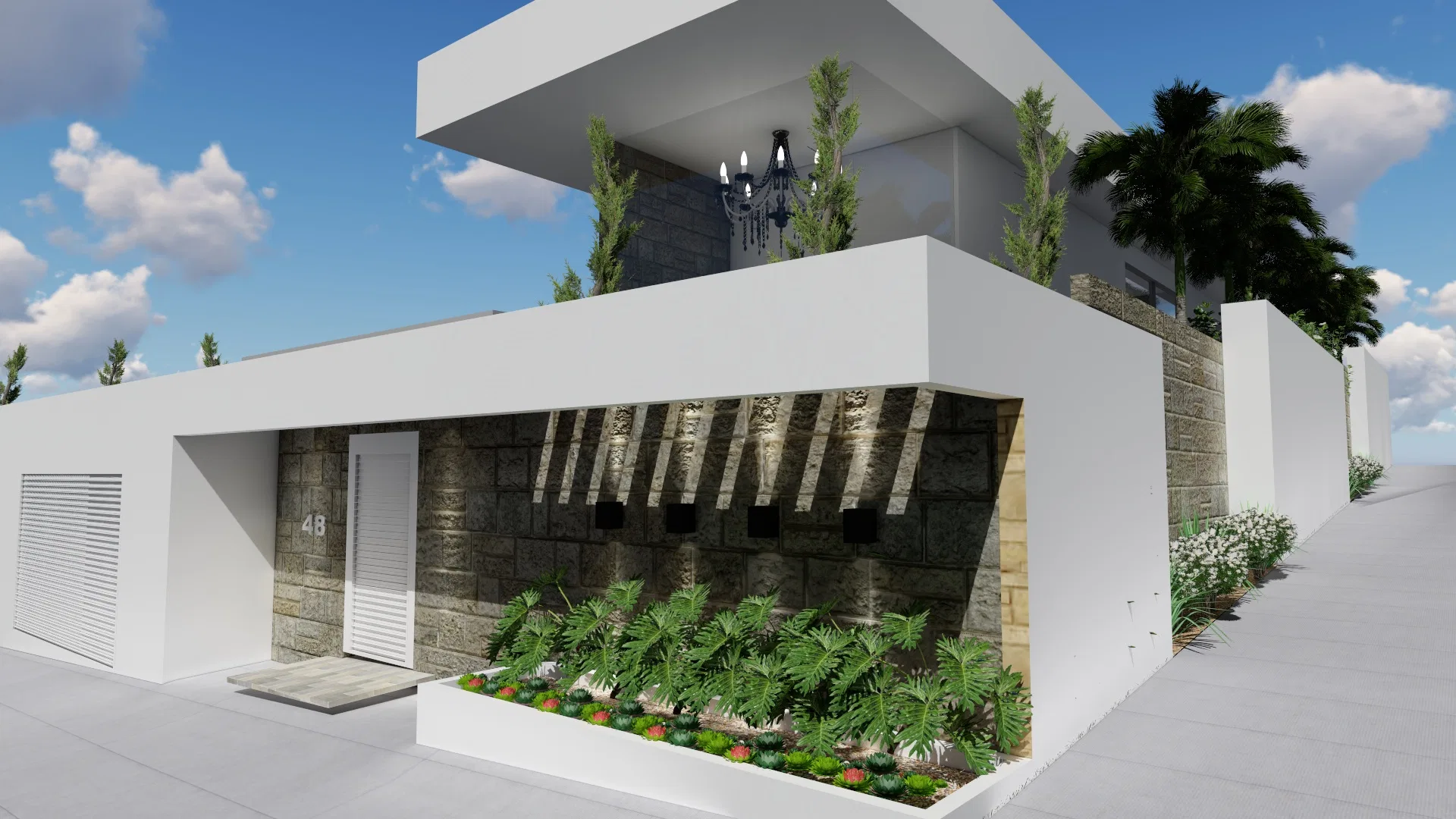 Façade of white walls and a dressed-stone panel with wood battens and niches, a pale pivot door and a low planting bed by the sidewalk