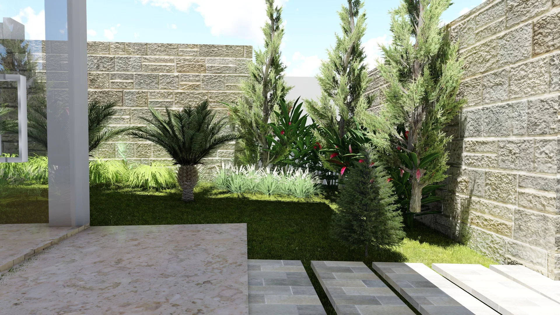 Backyard with stone walls, a cycad and slender cypress amid flowering beds, concrete pavers dotting the lawn