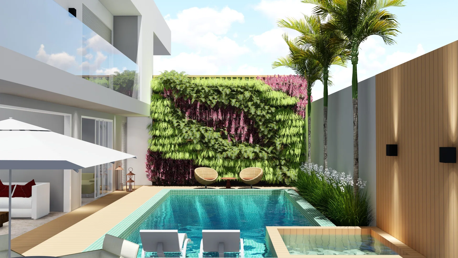 Blue-tiled pool with a tanning ledge, shallow loungers and a green-and-magenta living wall behind, between a sun umbrella and rattan chairs