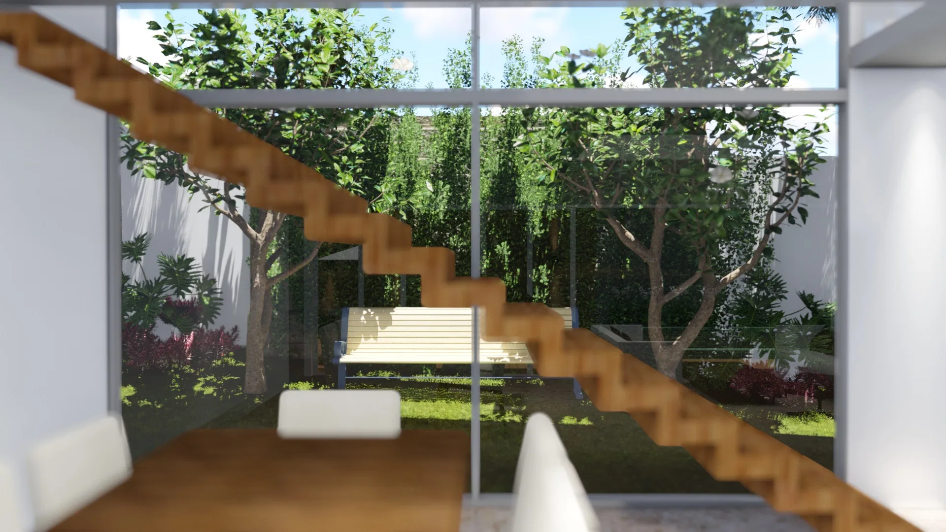 Interior view onto the winter garden through a glazed wall, a wood staircase crossing the frame and a dining table in the foreground
