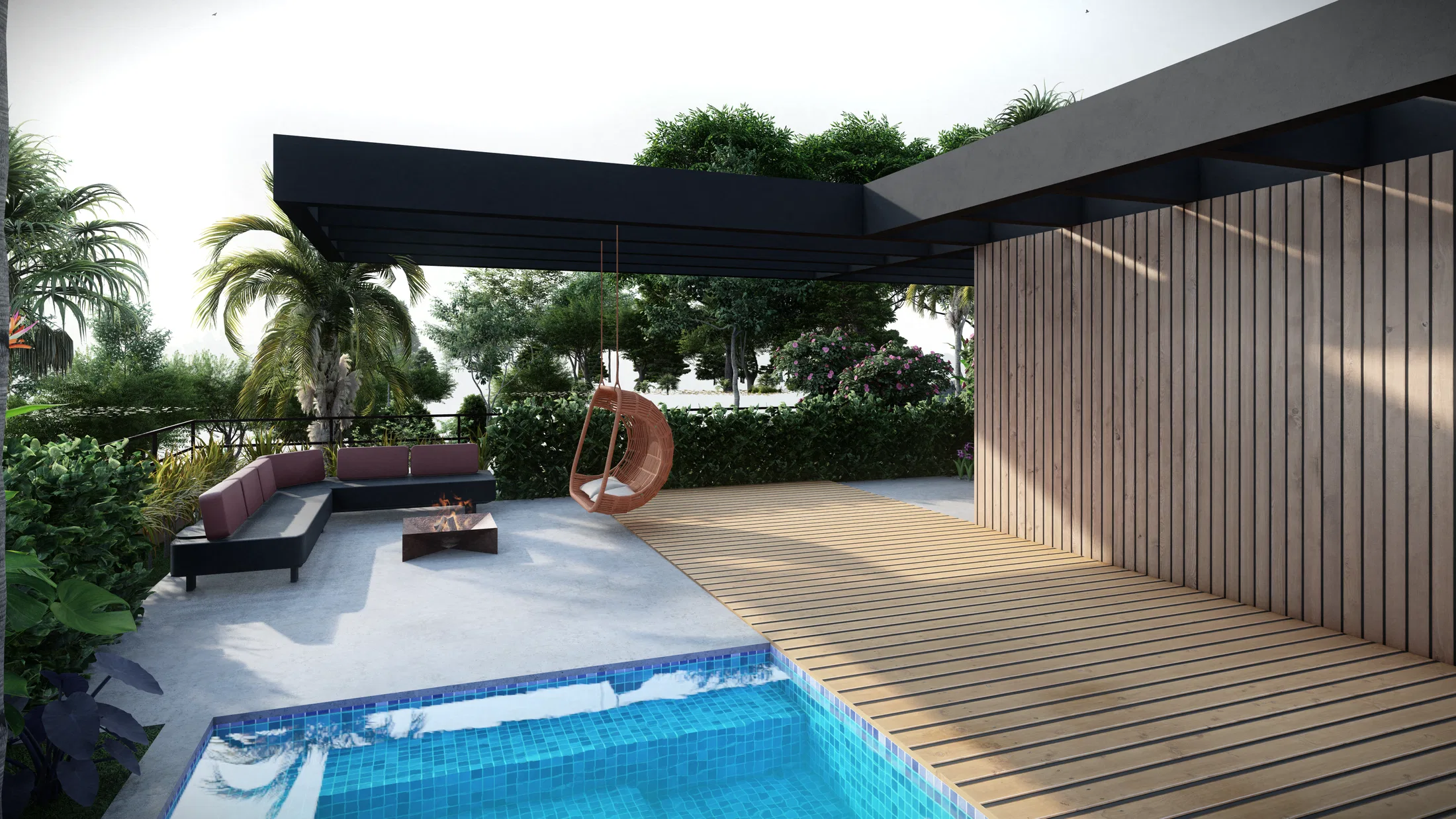 Lounge deck with a modular sofa, a central fire pit and a hanging chair under a pergola, pool in the foreground
