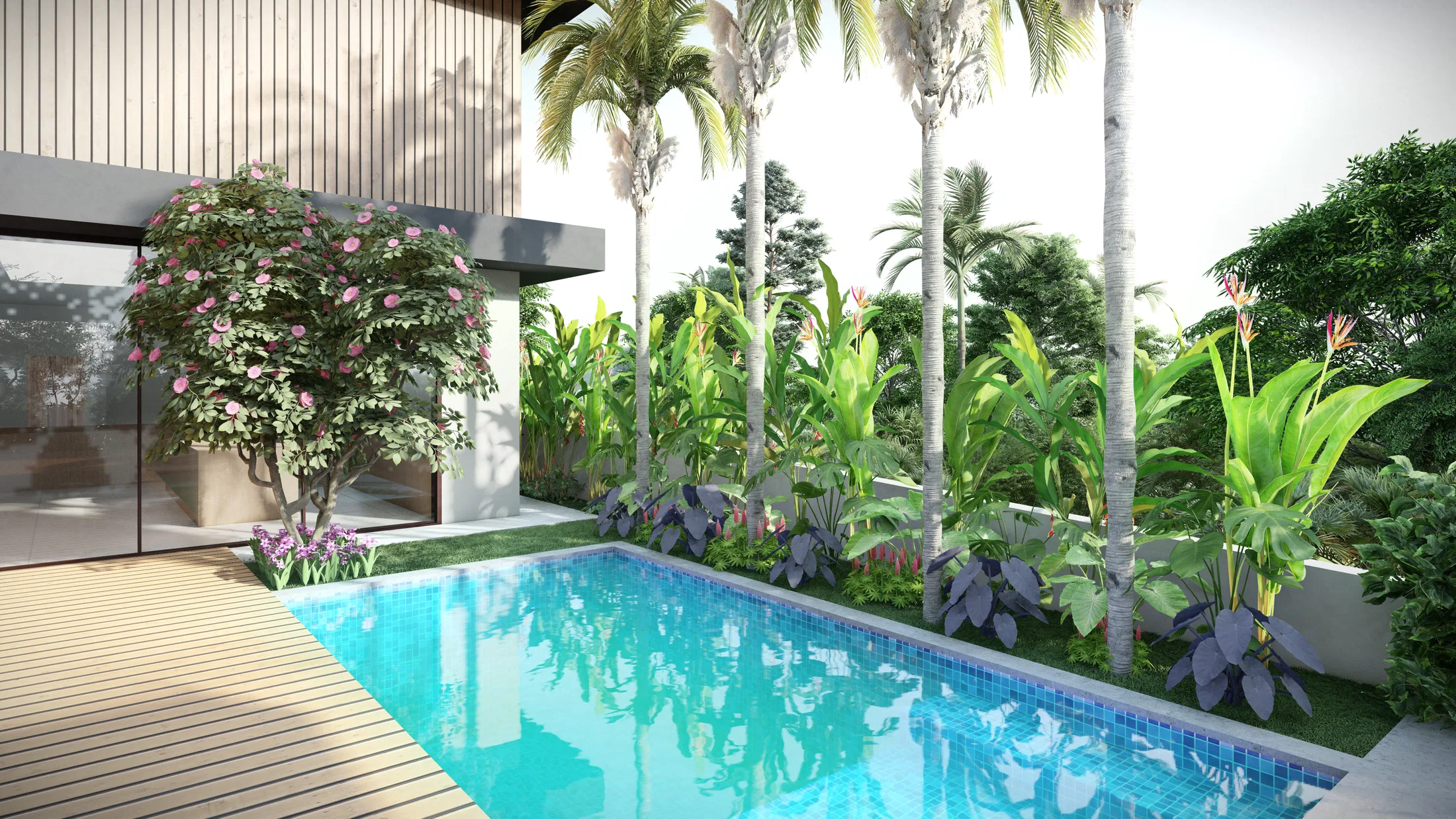 Narrow pool along the glazed facade, lined with tall palms and a mass planting of dark-leaved tropical foliage