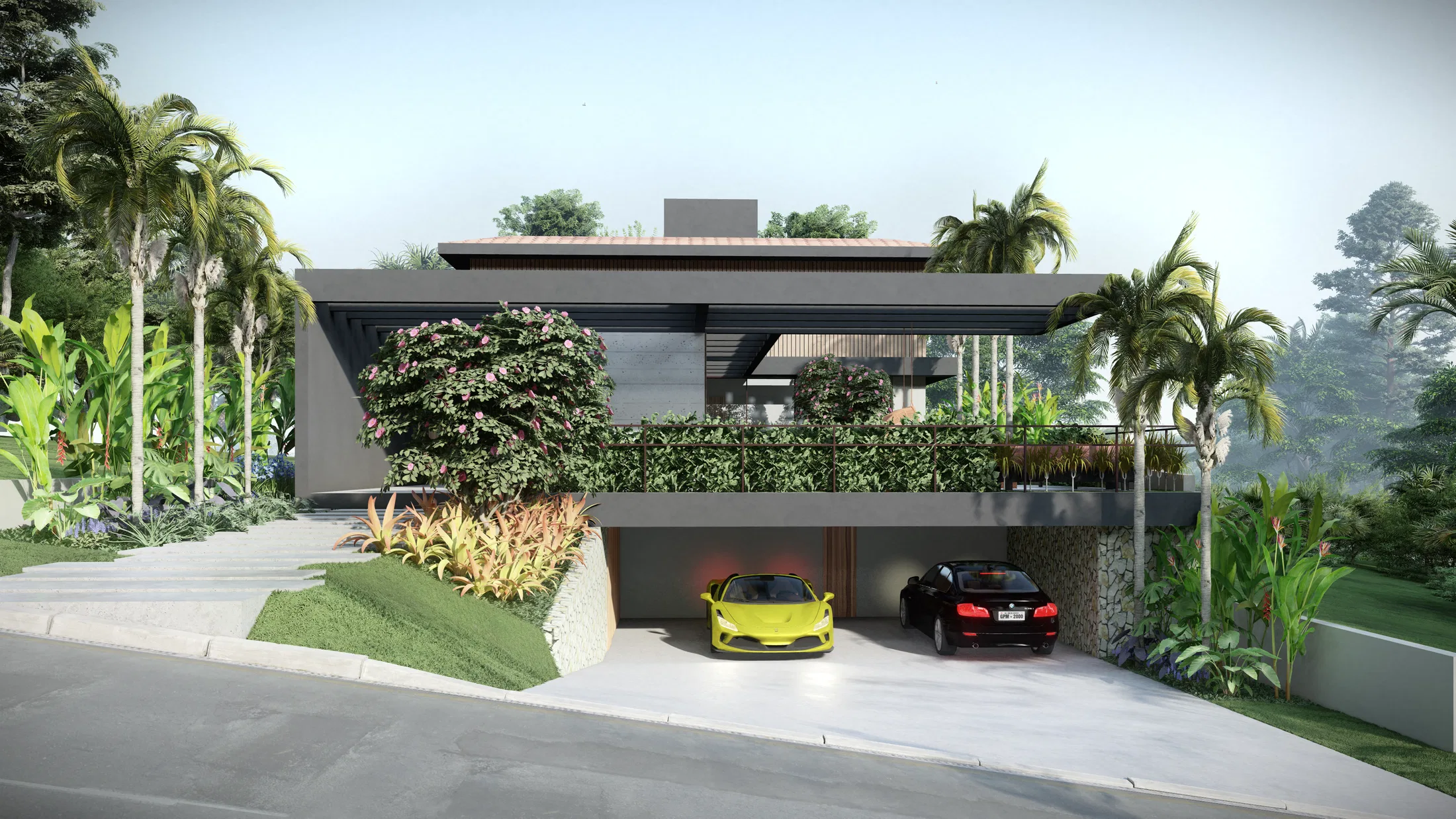 House facade at dusk with a slatted pergola, entrance palms and a pink-flowering shrub above the garage