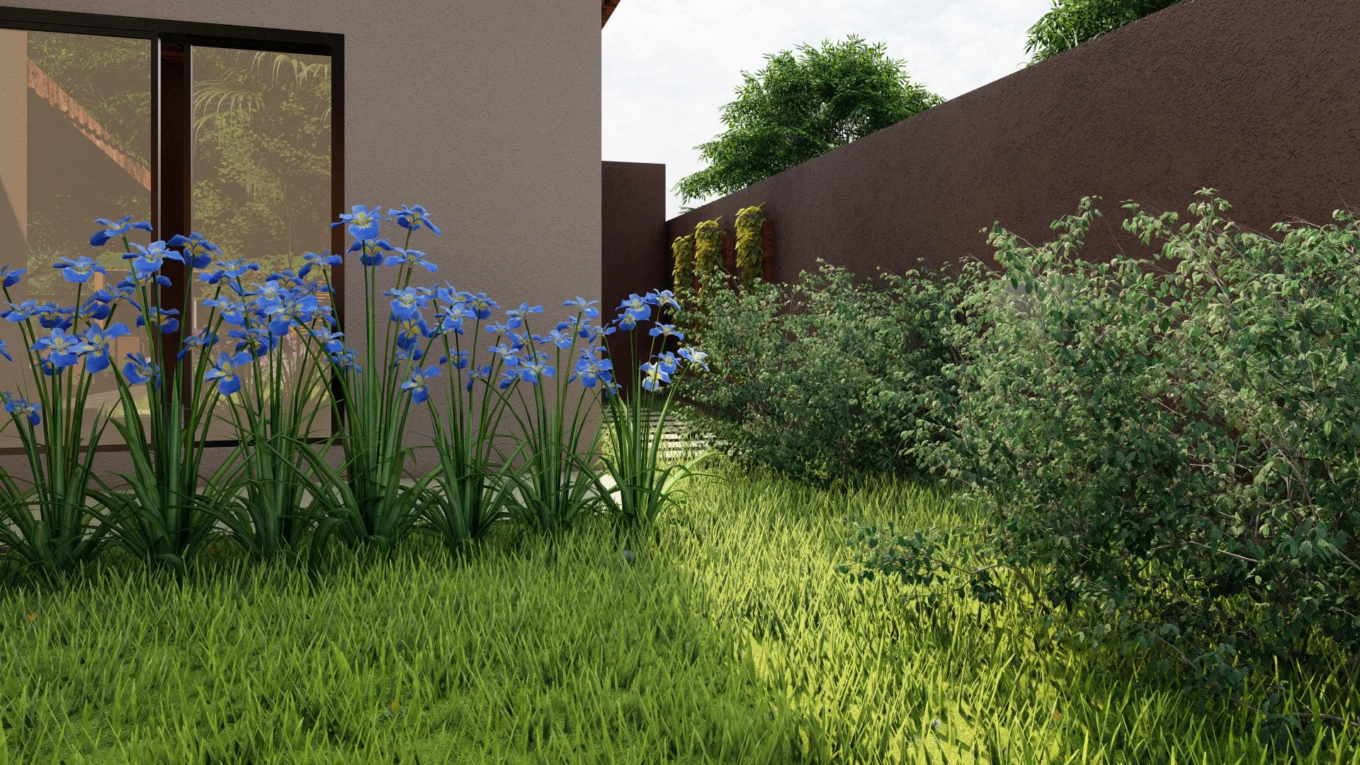Bed of tall blue flowers beside a trimmed lawn and a brown-toned rear wall