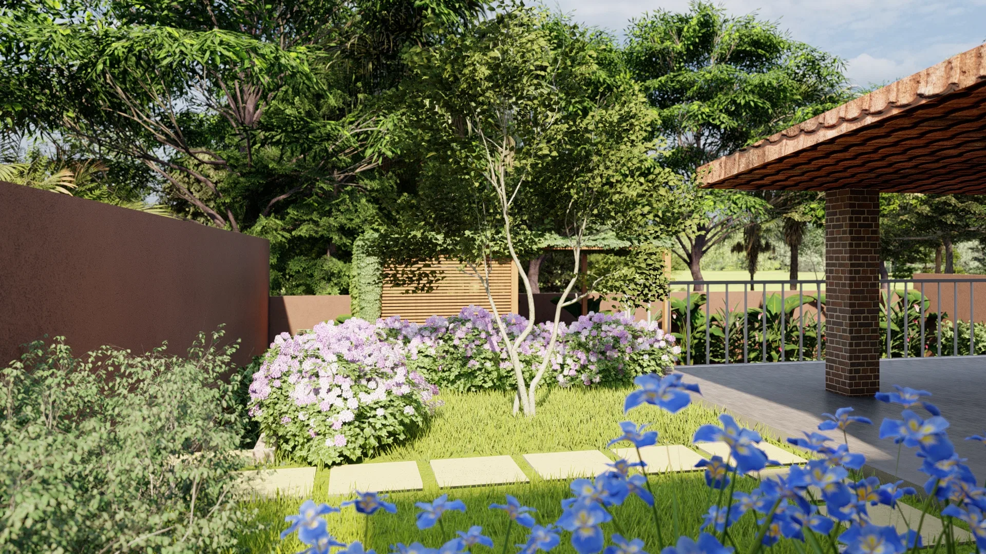 Slender tree surrounded by lilac and white flowering shrubs, with a wood pergola in the background
