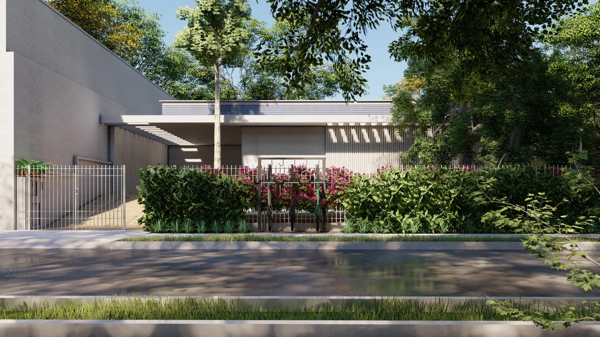 Residence facade with a gray wall, a pink bougainvillea hedge and a tree beside the pedestrian access gate