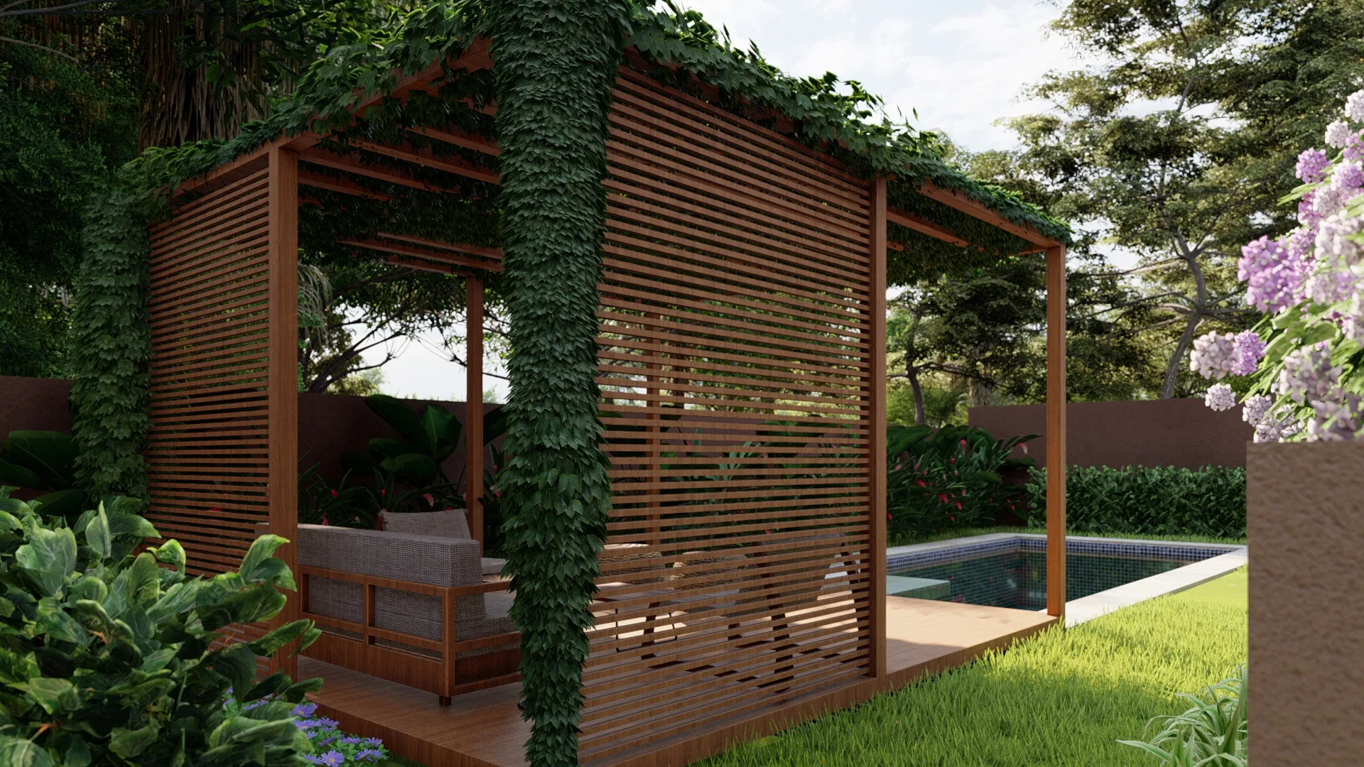 Wood pergola covered in green climbing vines with a light-upholstered sofa and a pool alongside