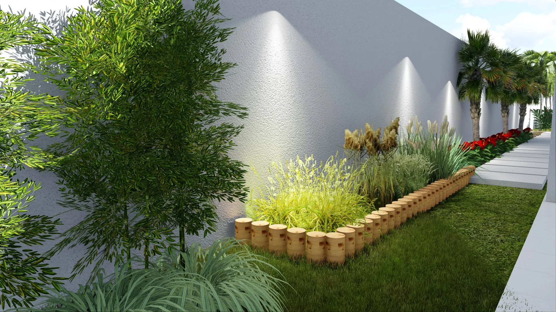 Lateral bed along a grey wall grazed by uplight, a bamboo clump, a log-edged planter of yellow-green grasses and palms in the distance.
