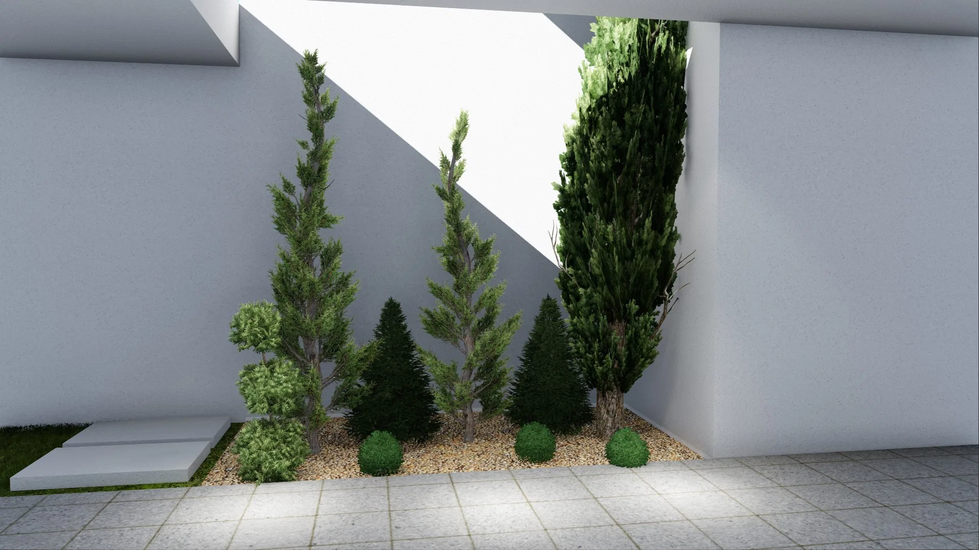Corner courtyard between white walls, with gravel, columnar cypresses of varying heights and small clipped boxwood balls over a paved floor.