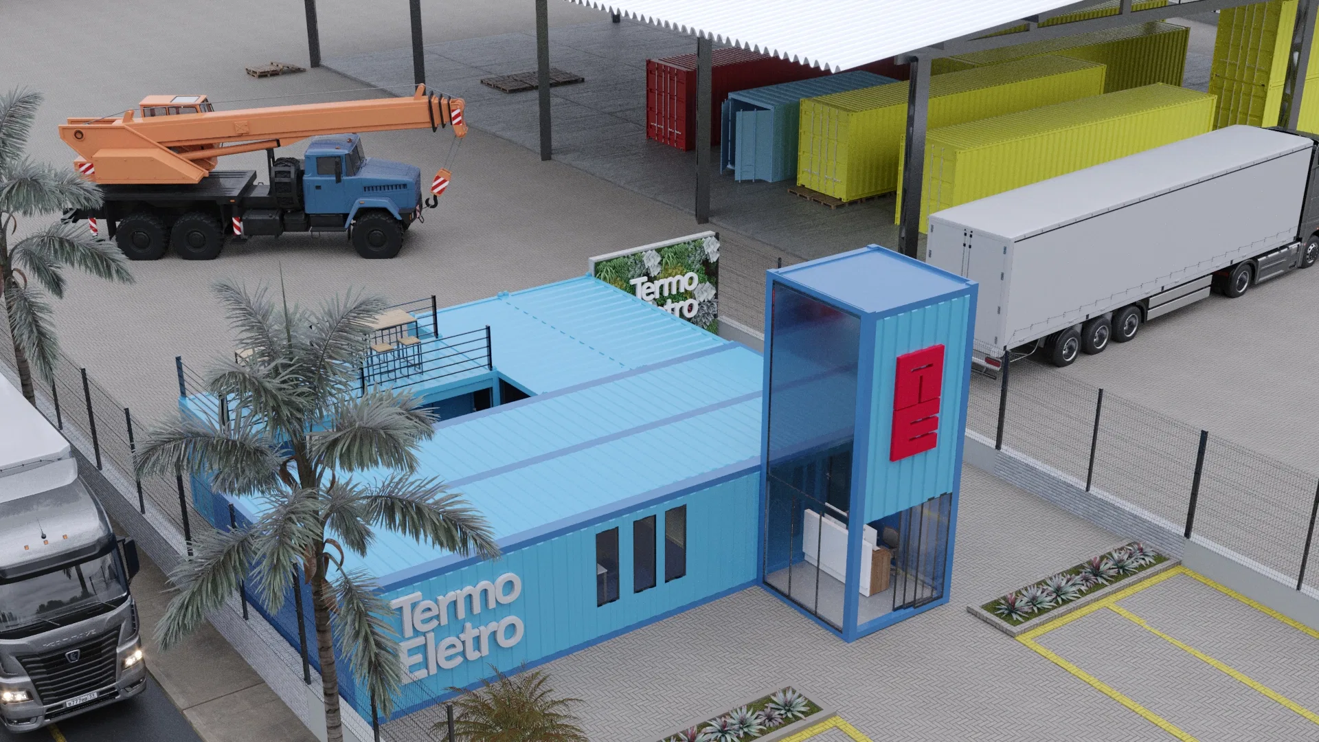 Aerial framing of the complex with the blue container building, access tower, a crane and trucks, stacked coloured containers and covered docks around it
