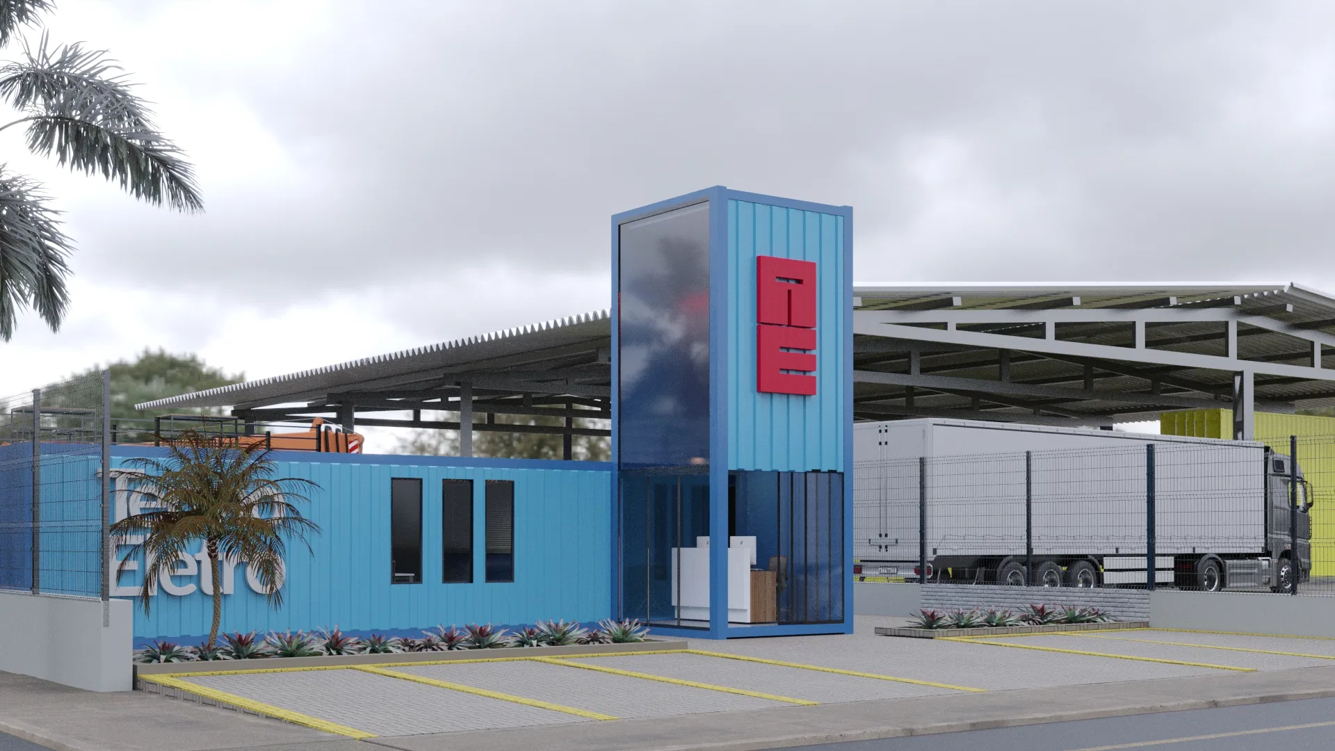 Front view with the glazed tower and red logo at the centre and, on the right, a metal dock canopy with a box trailer parked