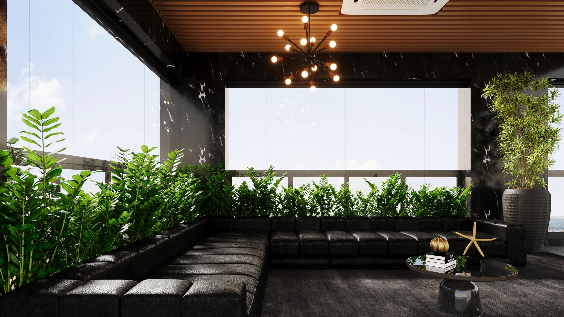 Indoor lounge with dark L-shaped tufted benches, a bed of ferns, a sputnik chandelier and a slatted wood ceiling.