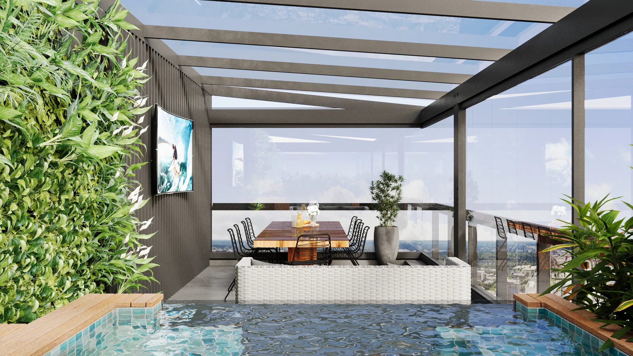 Covered terrace with a living wall, a wood dining table and a blue mosaic plunge pool in the foreground under a glass pergola.