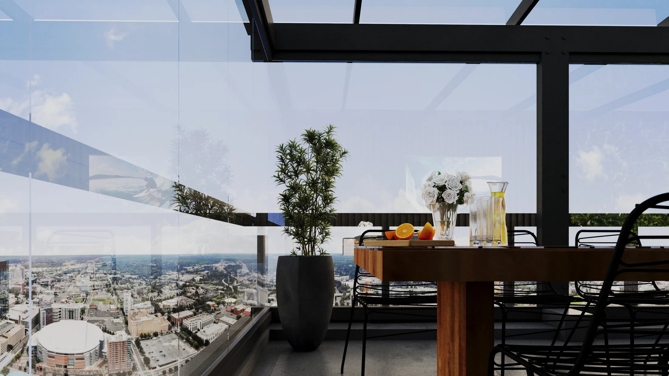 Terrace corner by the glass balustrade, with a wood table, white roses, a potted tree and a sweeping city panorama.