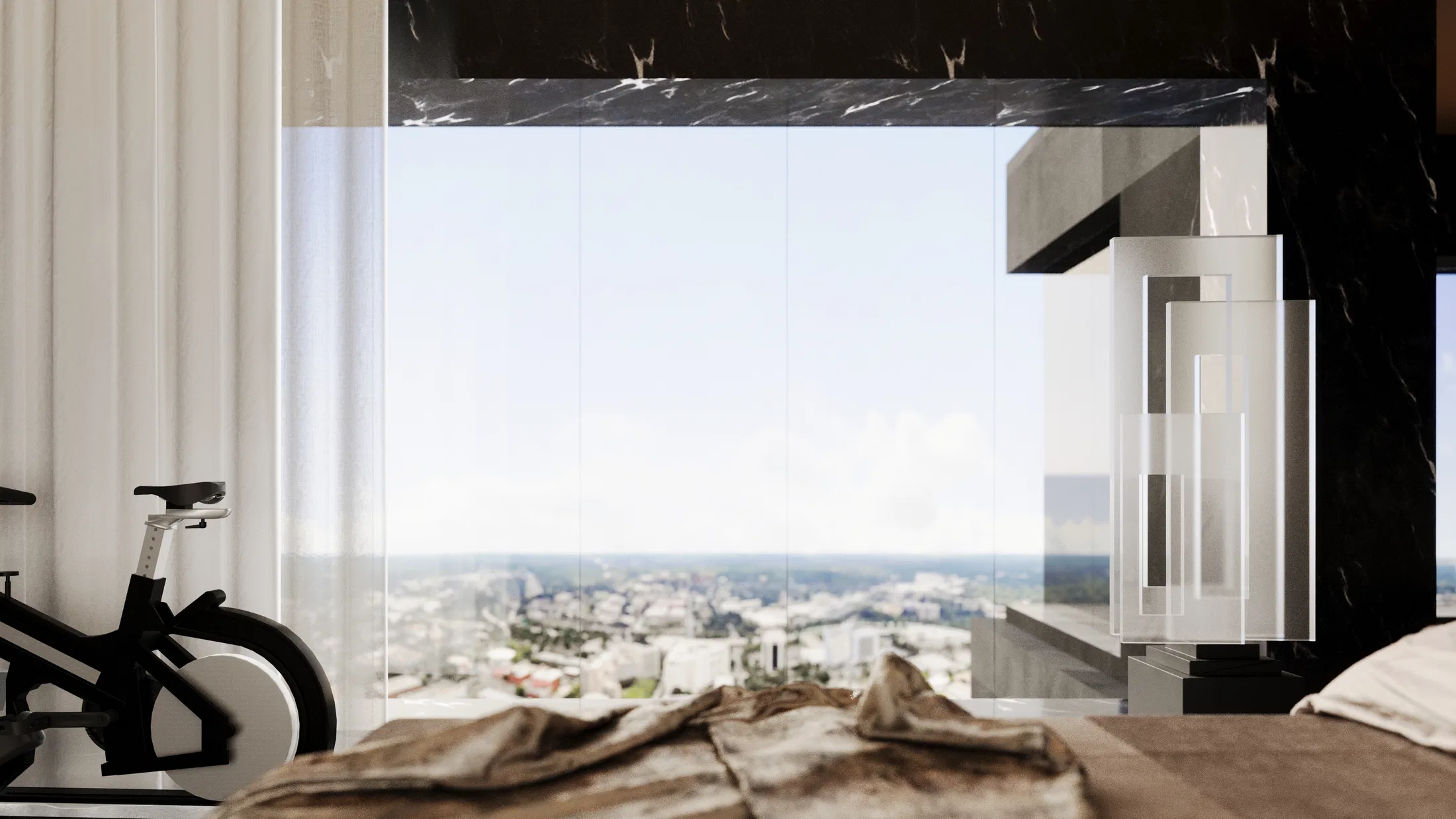 Bedroom facing a panoramic window, with an exercise bike, pale bedding and a view of the city under an open sky.