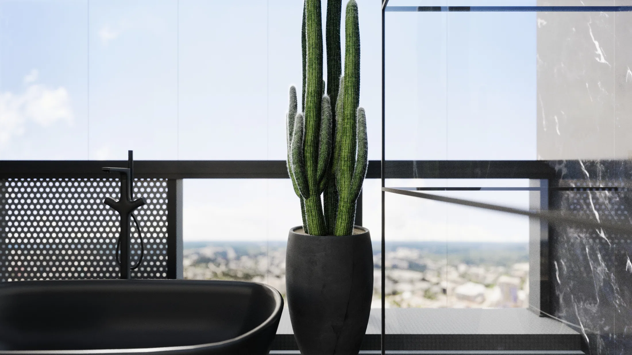 Powder room with a black basin and tap, a tall cactus in a dark pot and a perforated screen beside glazing overlooking the city.
