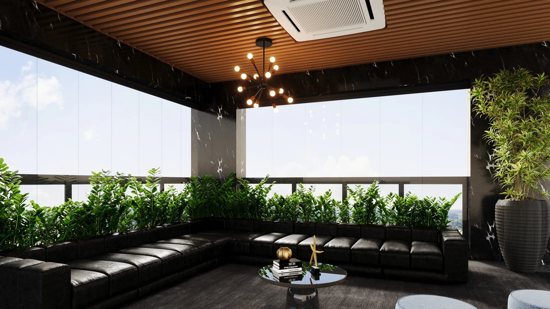 Sitting room with a black leather modular sofa, a round coffee table, a strip of foliage and dark marble walls.