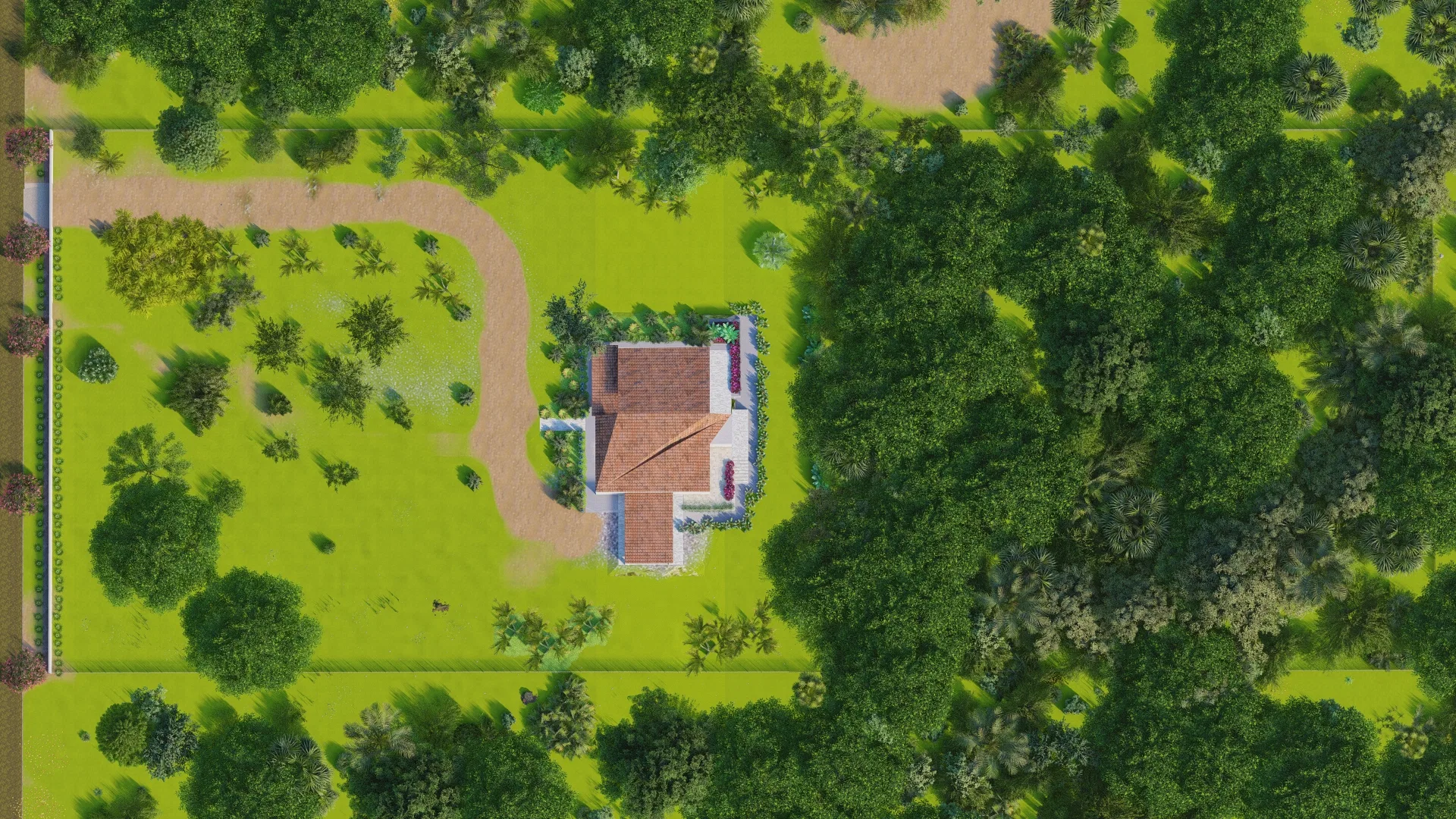Top-down view of the whole estate, the central house, a winding dirt drive, open lawn and dense woodland along one side