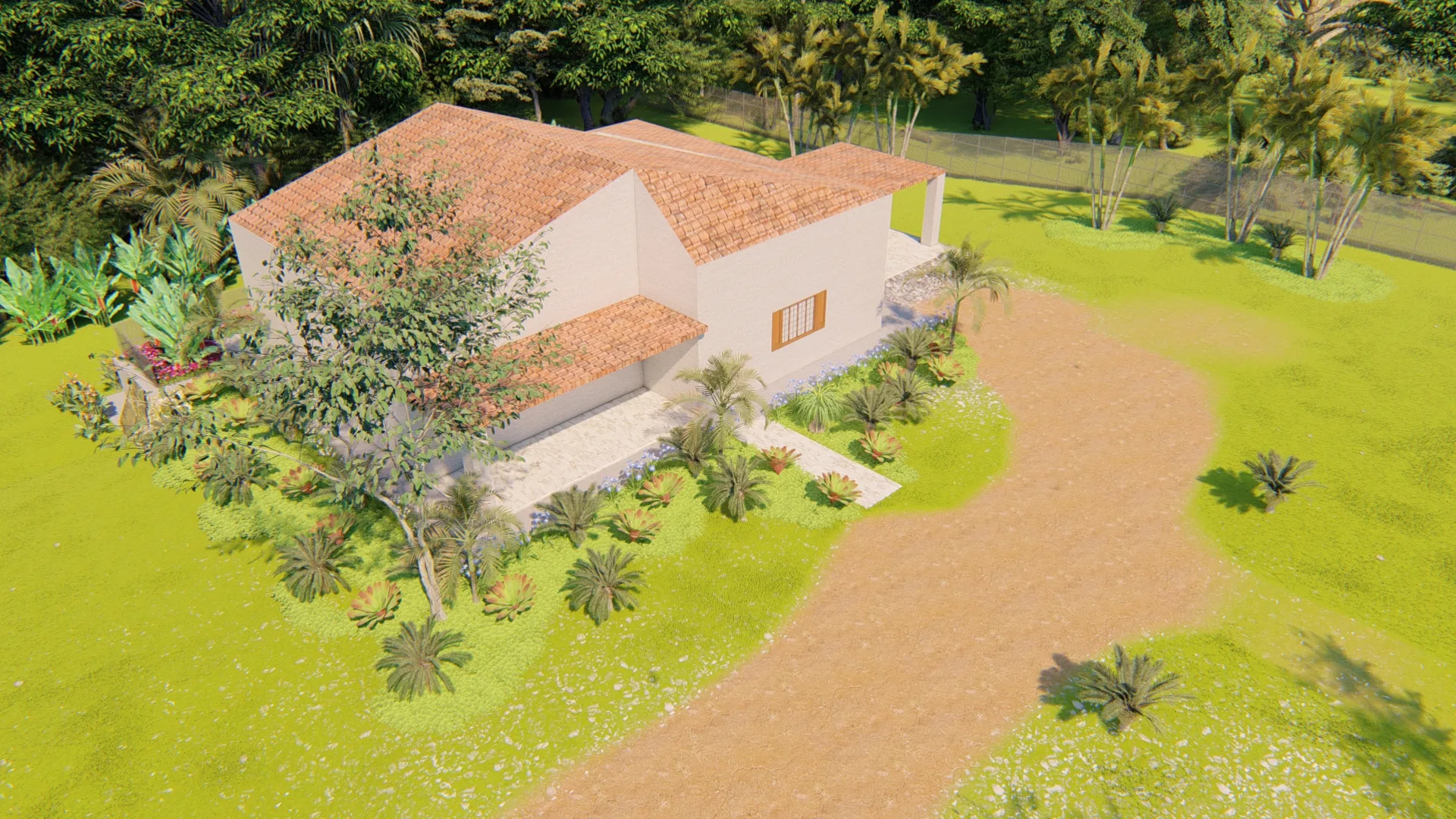 Elevated aerial of the tile-roofed house among beds of palms and flowering plants, a dirt path crossing the lawn