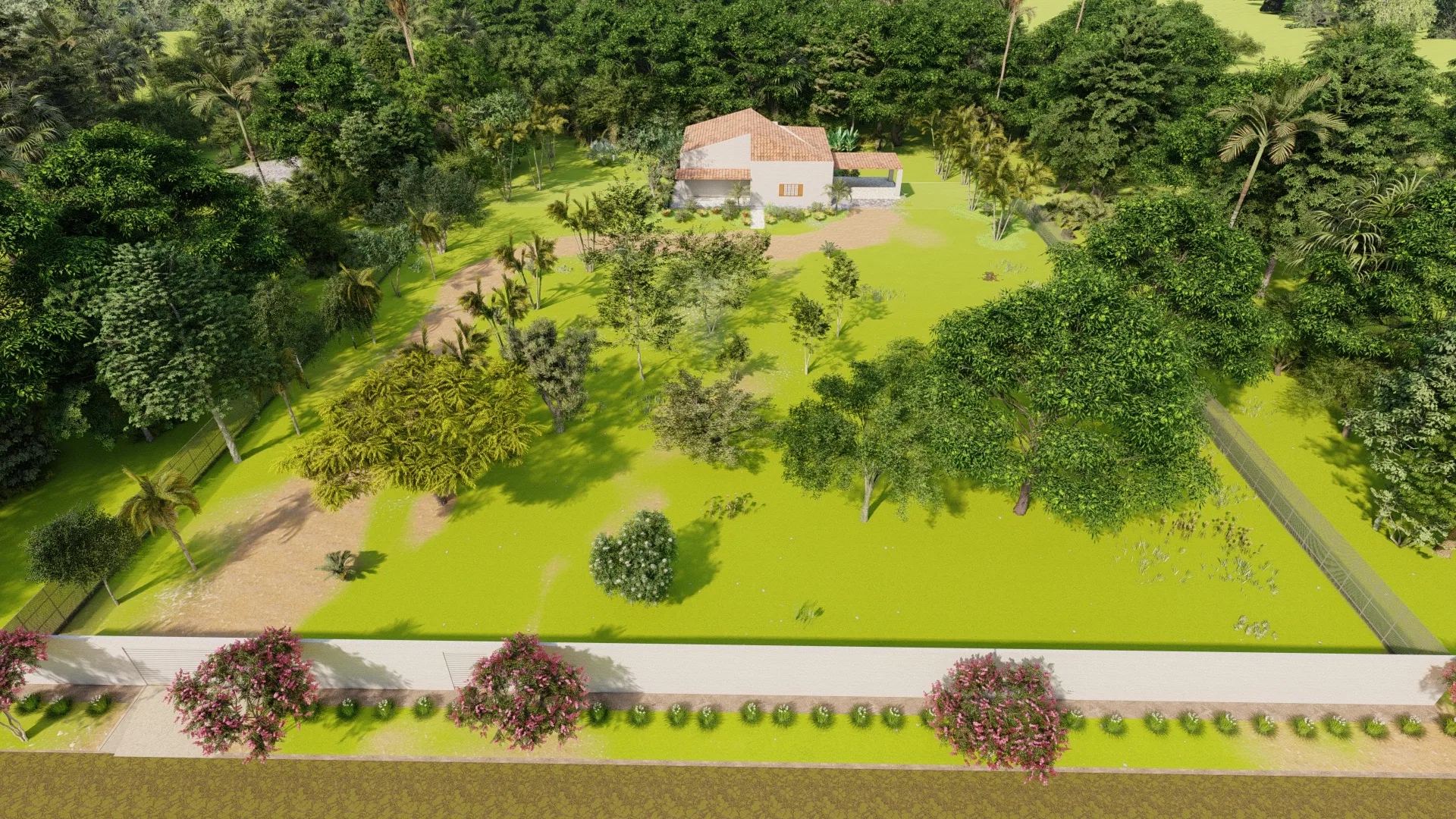 Aerial view of the walled grounds, rows of flowering shrubs along the front wall and a wide lawn dotted with trees leading to the house