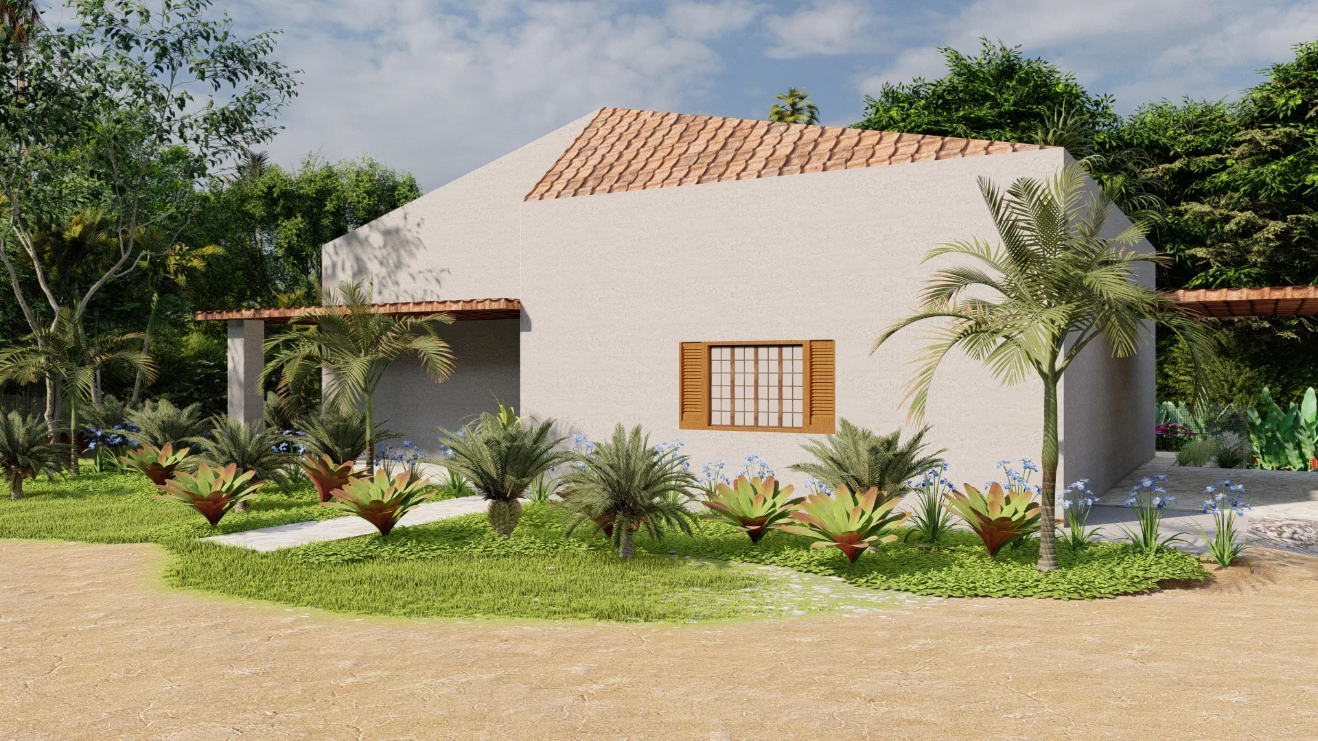 White country-house facade with a clay-tile roof and wooden shutters, an entry garden of palm, cycads, bromeliads and agapanthus