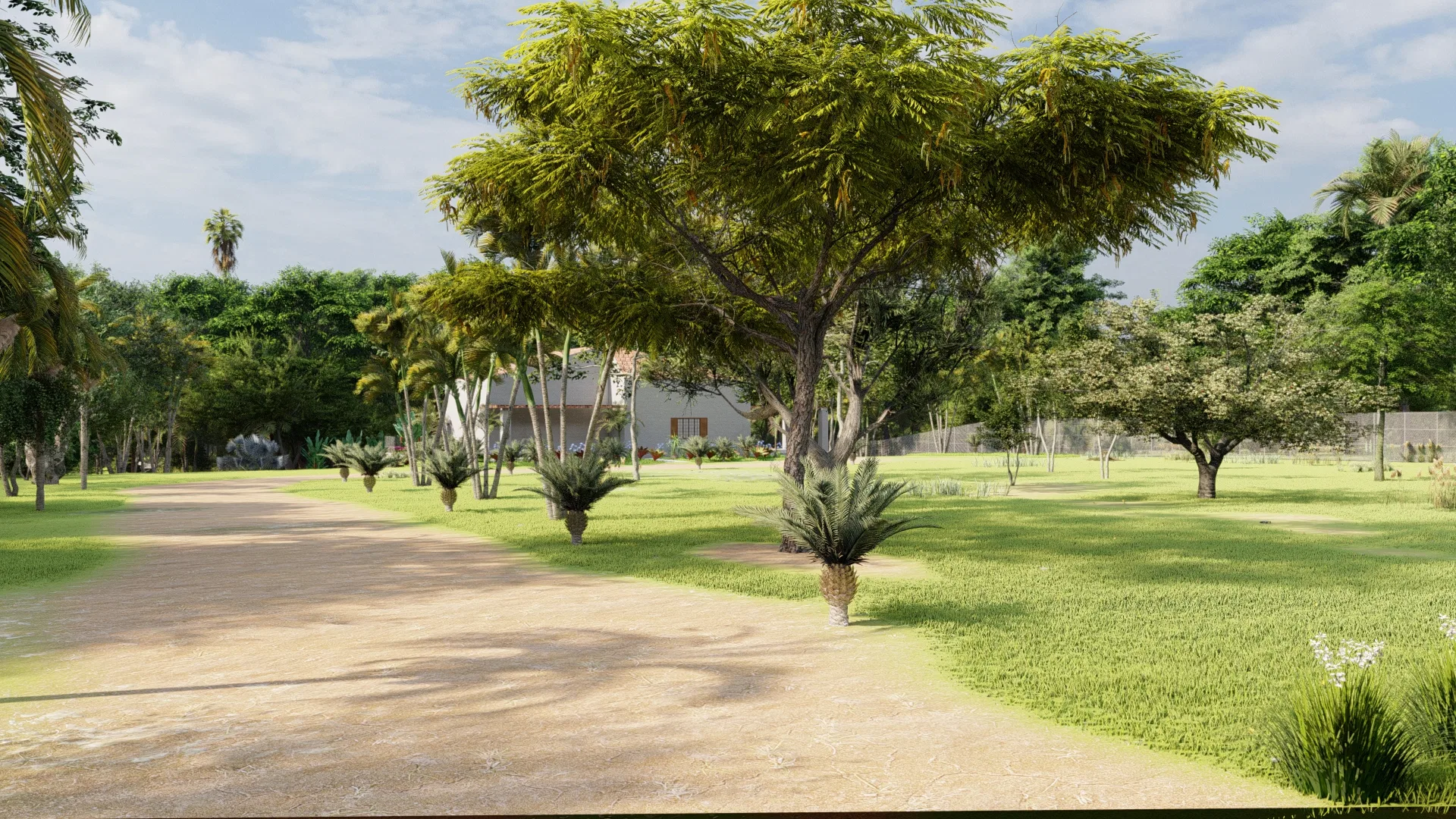 Broad lawn with a wide-canopy tree and a dirt drive lined with potted palms, a tile-roofed country house set among trees behind