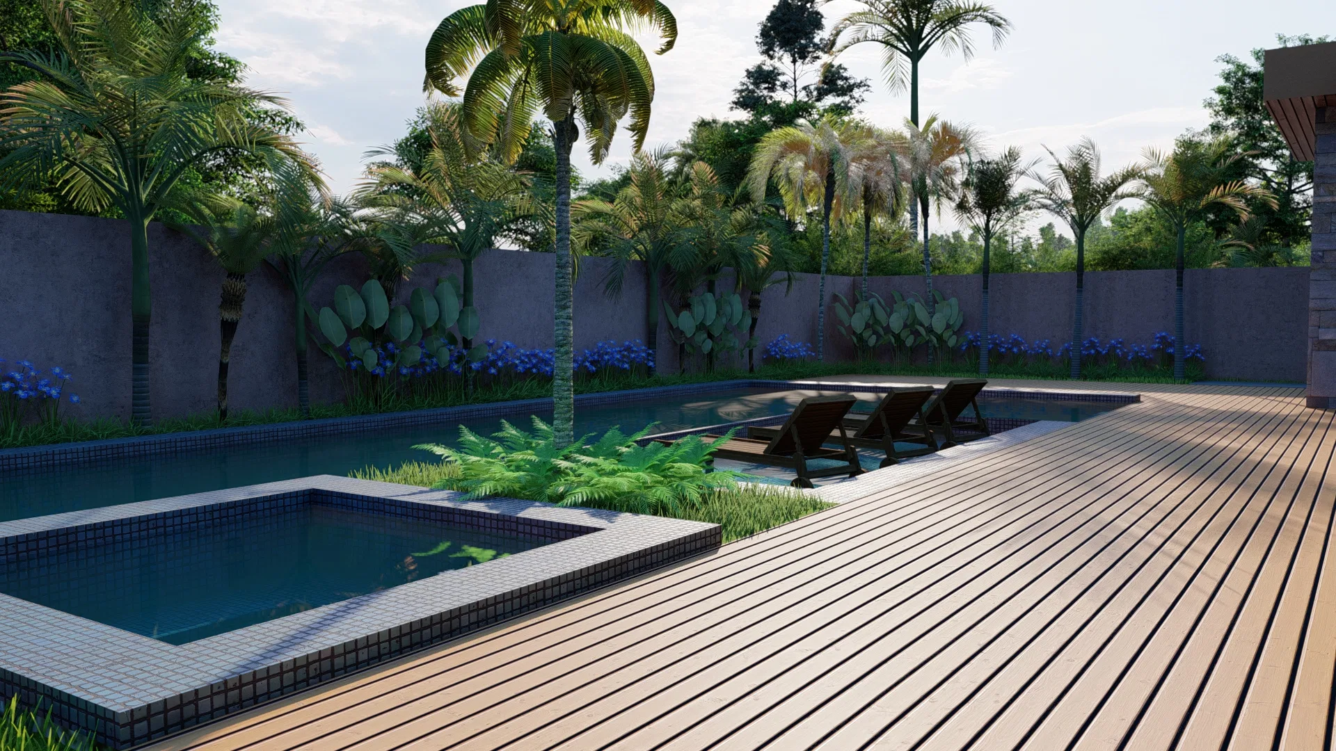 Pool with a raised blue-tiled spa, slatted wood deck, a central palm and blue agapanthus along the concrete wall.