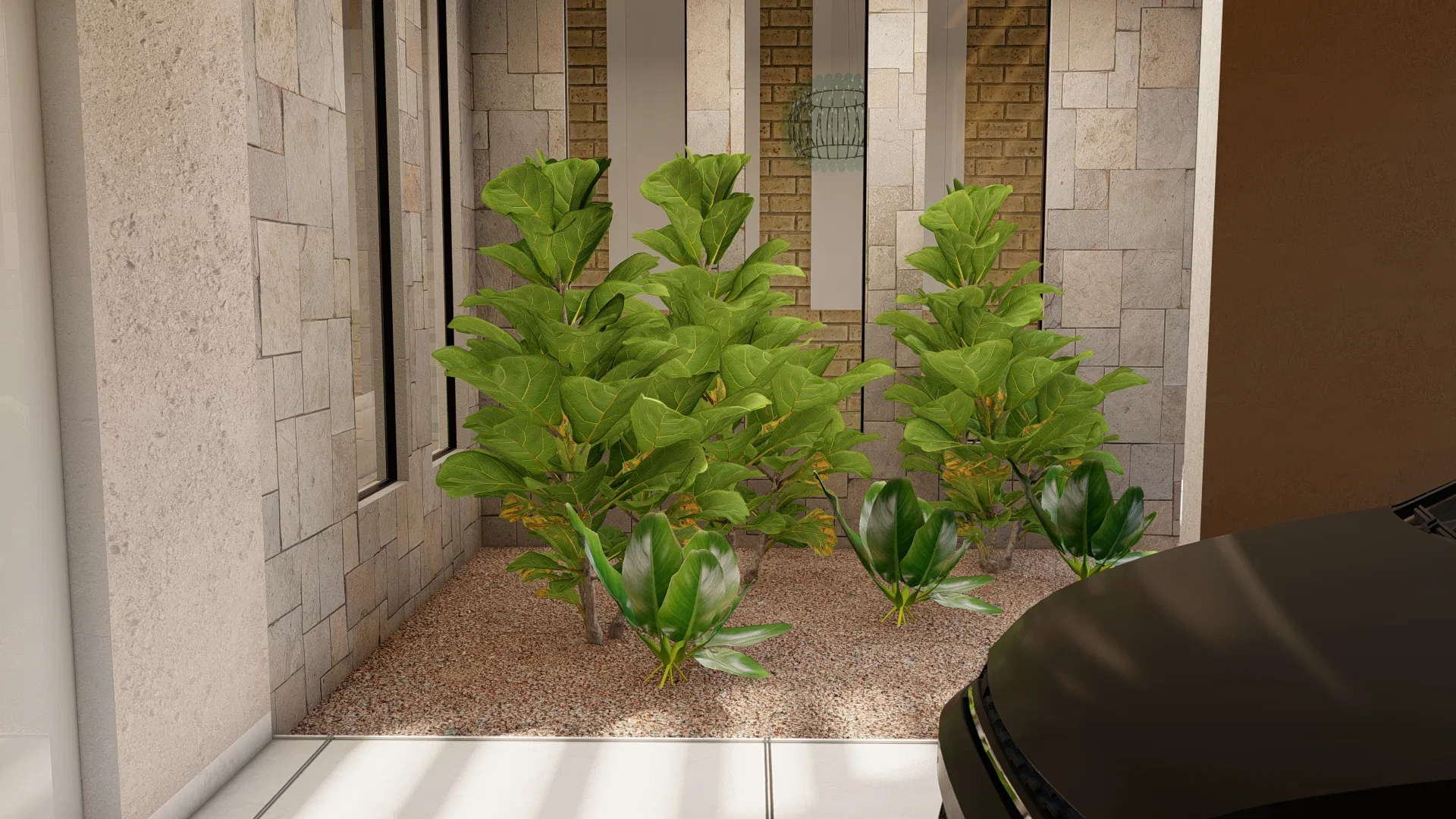 Interior planted niche clad in stone and brick, fiddle-leaf figs set over pale gravel and a dark car parked alongside.