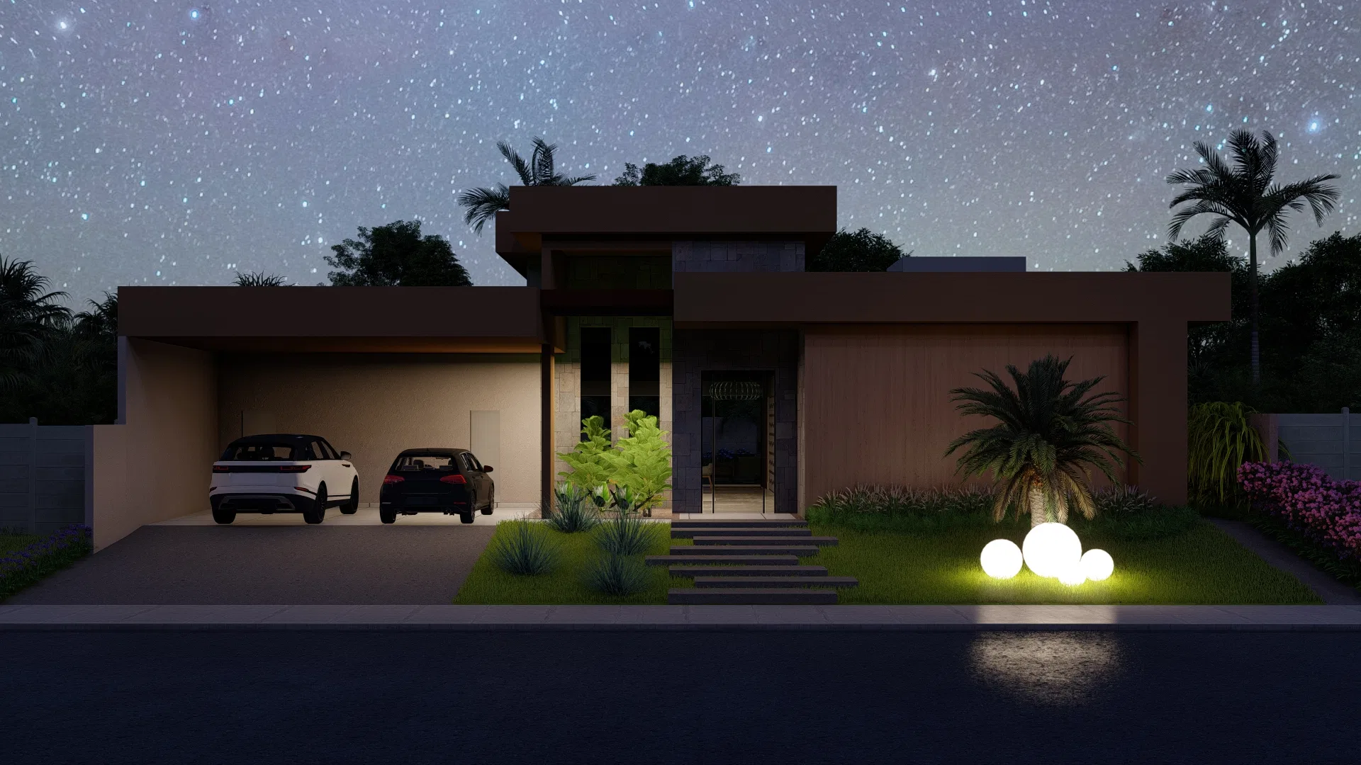 The facade lit at night under a starry sky, glowing globe lights in the garden and a warm-lit interior.
