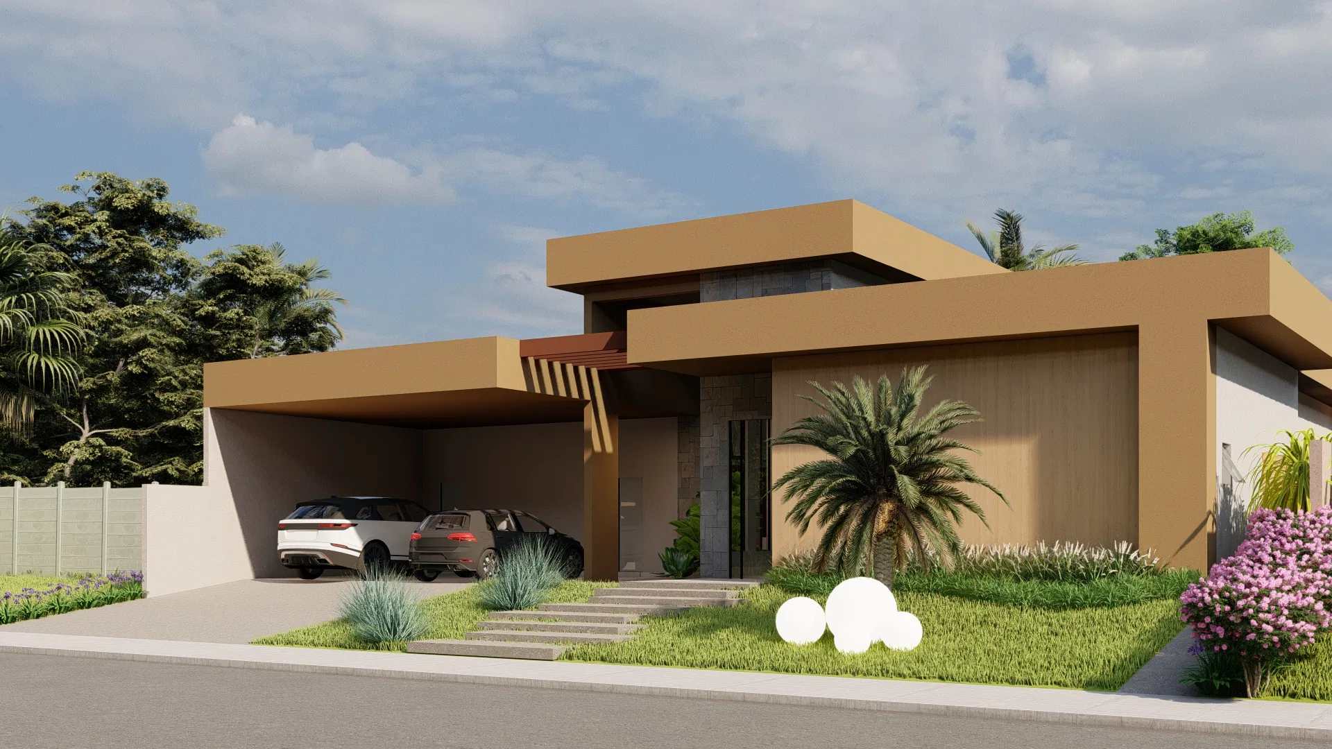 Angled view of the same facade, a stone-clad central volume, a feature palm and a mass of flowering shrubs on the right.