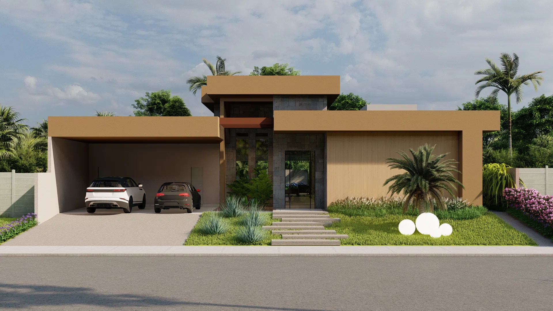 Frontal view of a single-story earth-toned house with a two-car carport, a low palm and spherical globe lights on the lawn.