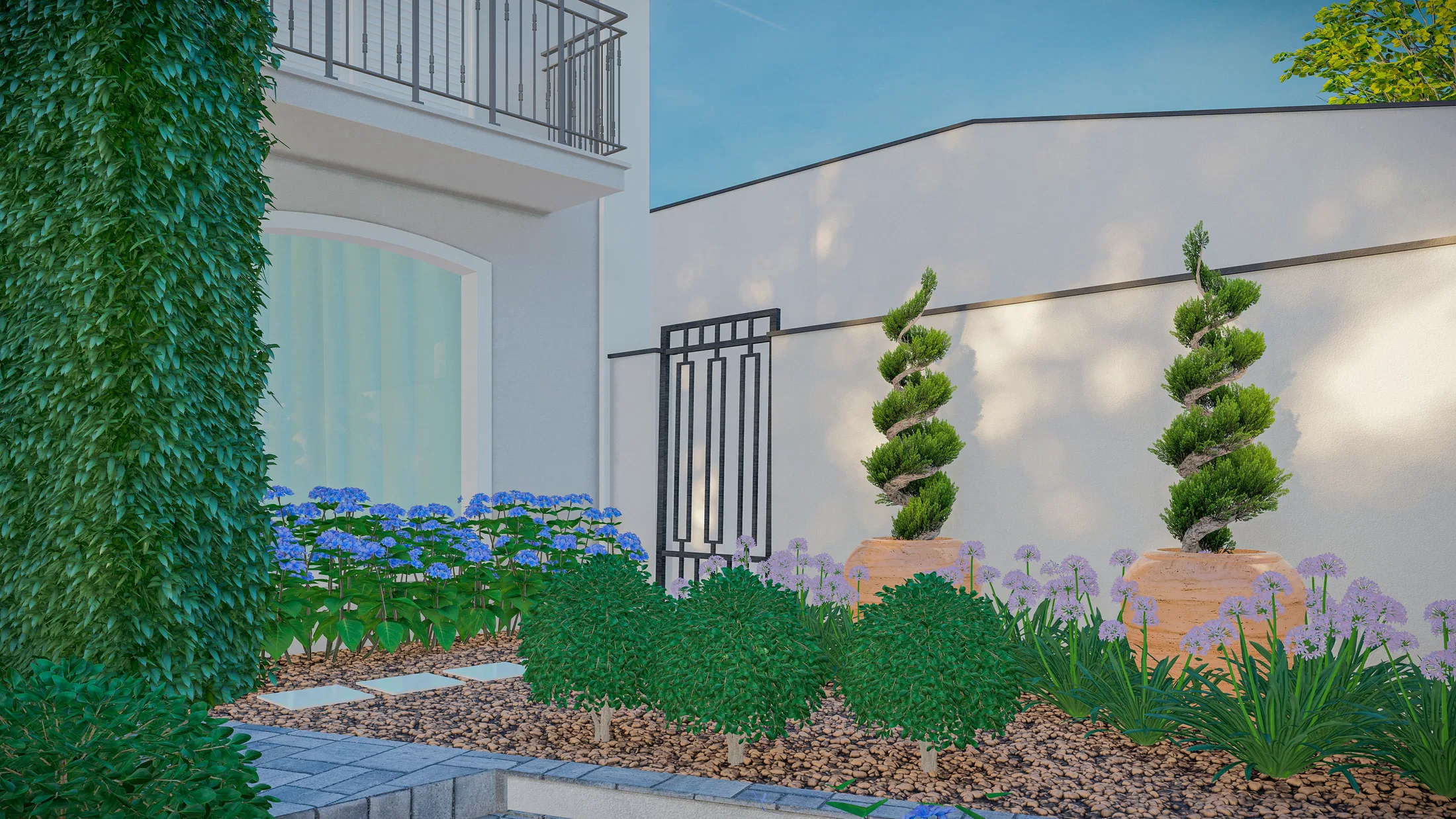 Garden corner with potted blue hydrangeas, spiral topiaries and an iron gate beside the wall
