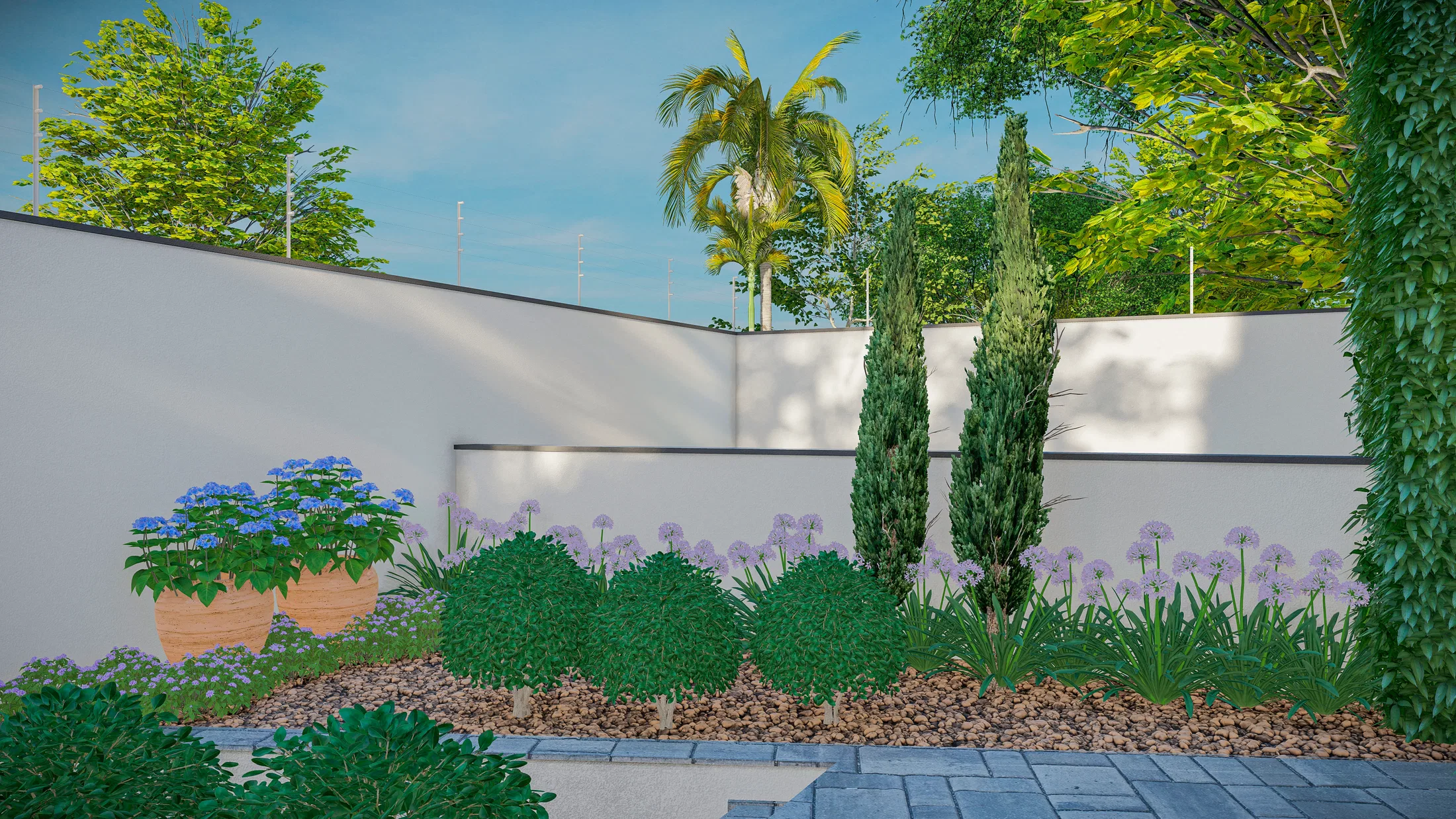 Bed of blue hydrangeas and agapanthus along the wall, with spiral topiaries and a palm tree behind