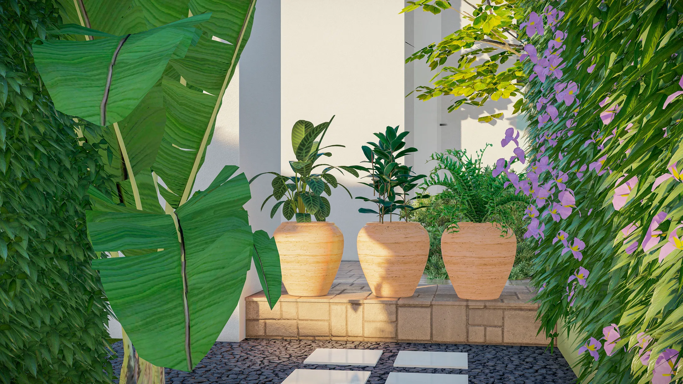 Nook with three terracotta pots of varied foliage and a pink climbing flower on the ivy wall