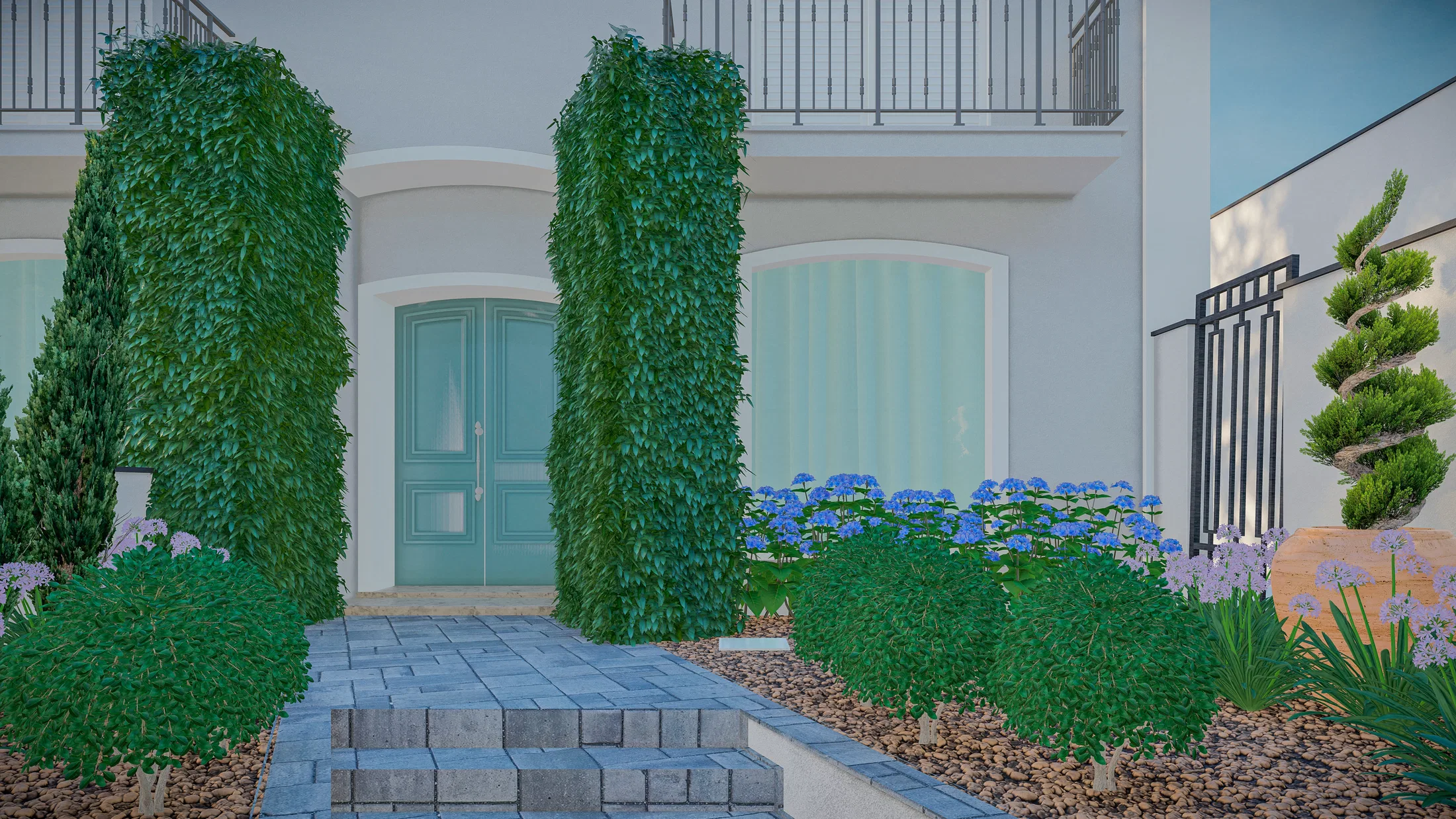 House entrance with ivy-wrapped columns, a teal double door and a bed of blooming hydrangeas