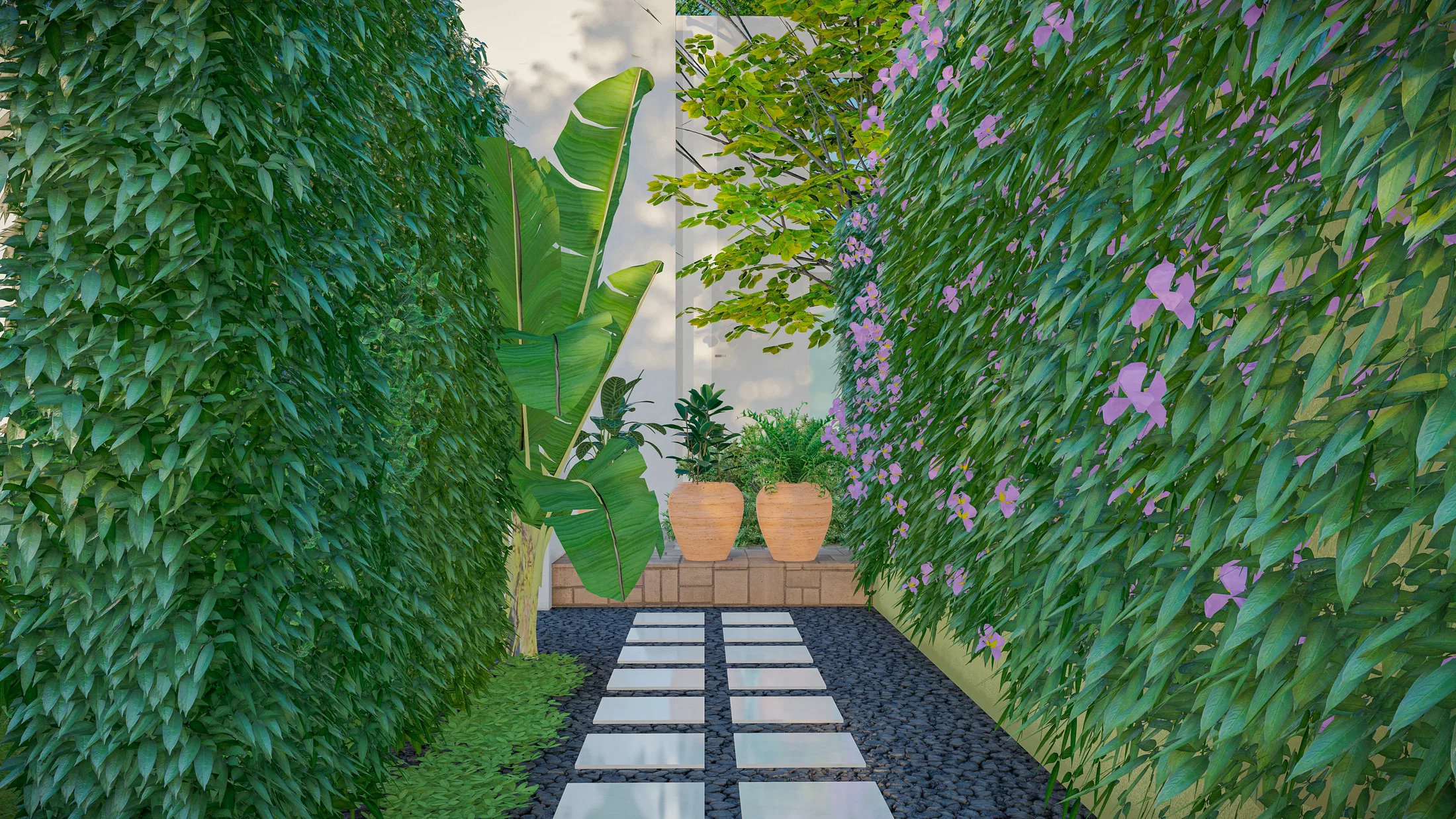 Narrow path between ivy walls with terracotta pots and a pink climbing flower alongside