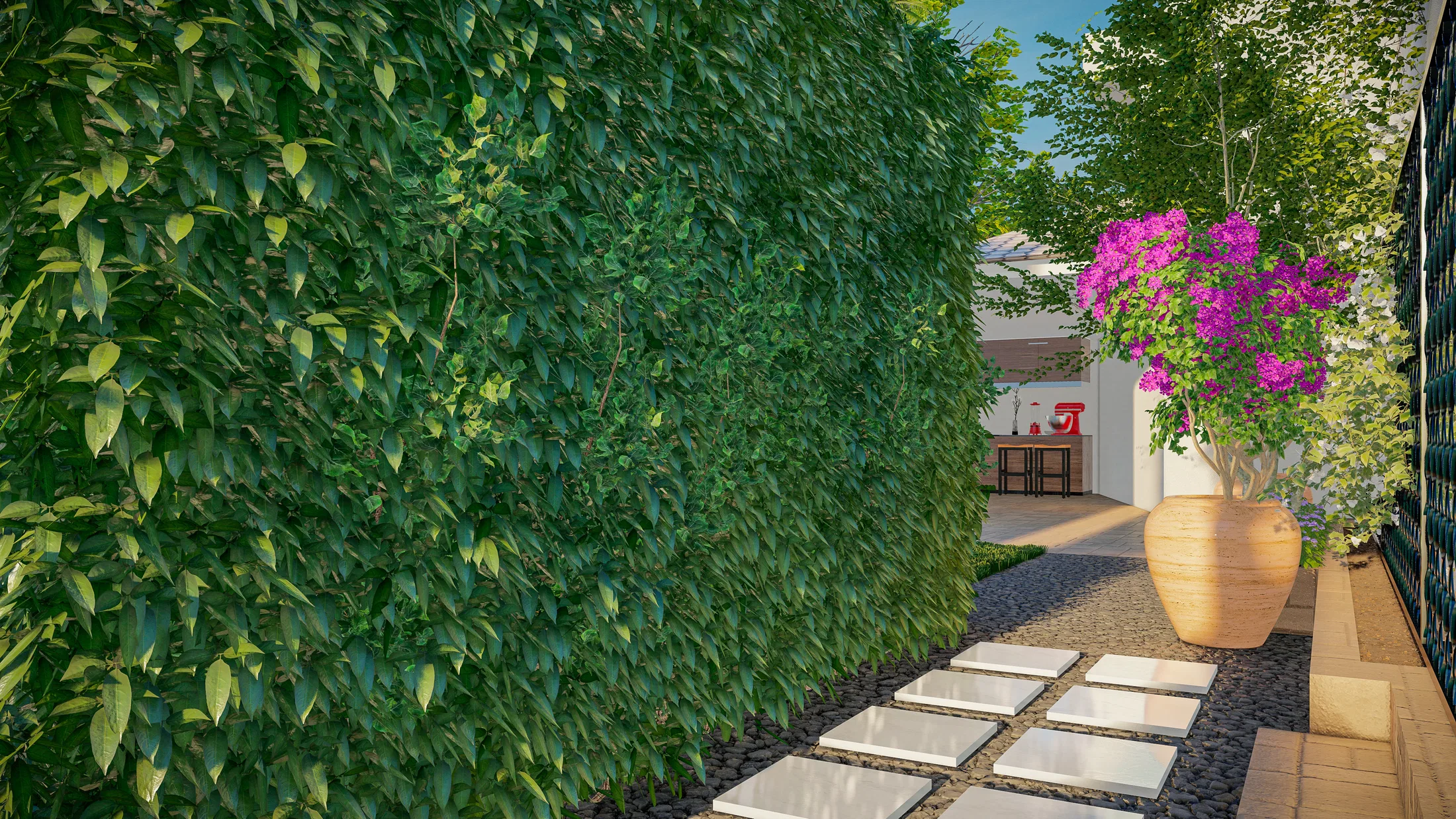 Narrow side corridor with a dense ivy wall, a light paver path and a magenta bougainvillea planter in the background