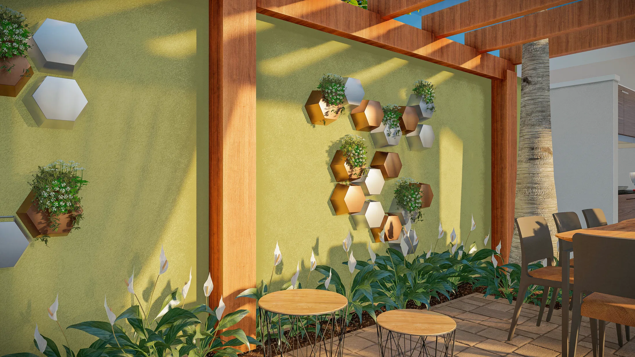 Pergola-covered area with a wall of hexagonal planting niches and wooden tables