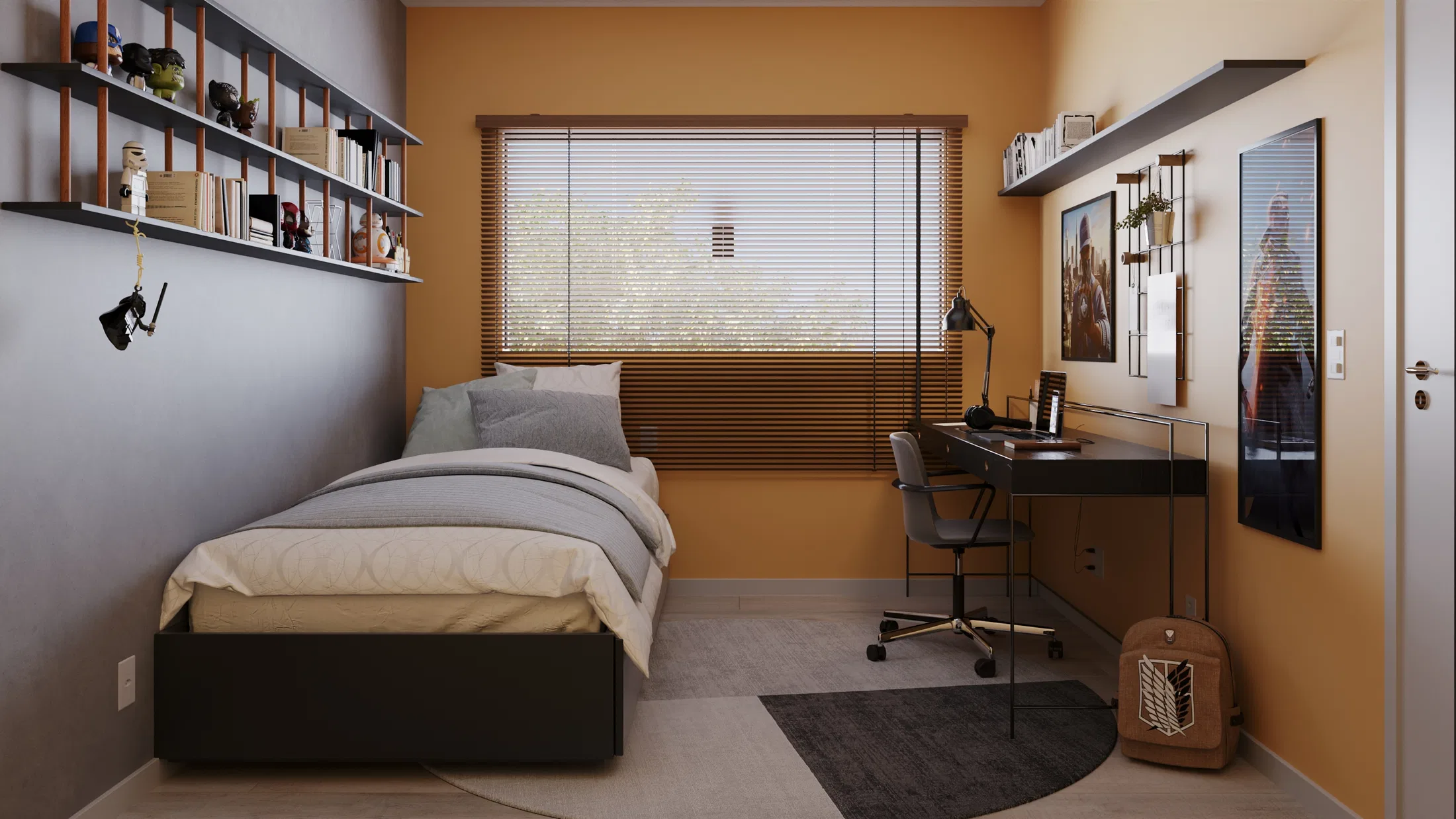 Single bedroom with a mustard-yellow wall, bamboo blinds, a shelf with collectible figures and a study desk