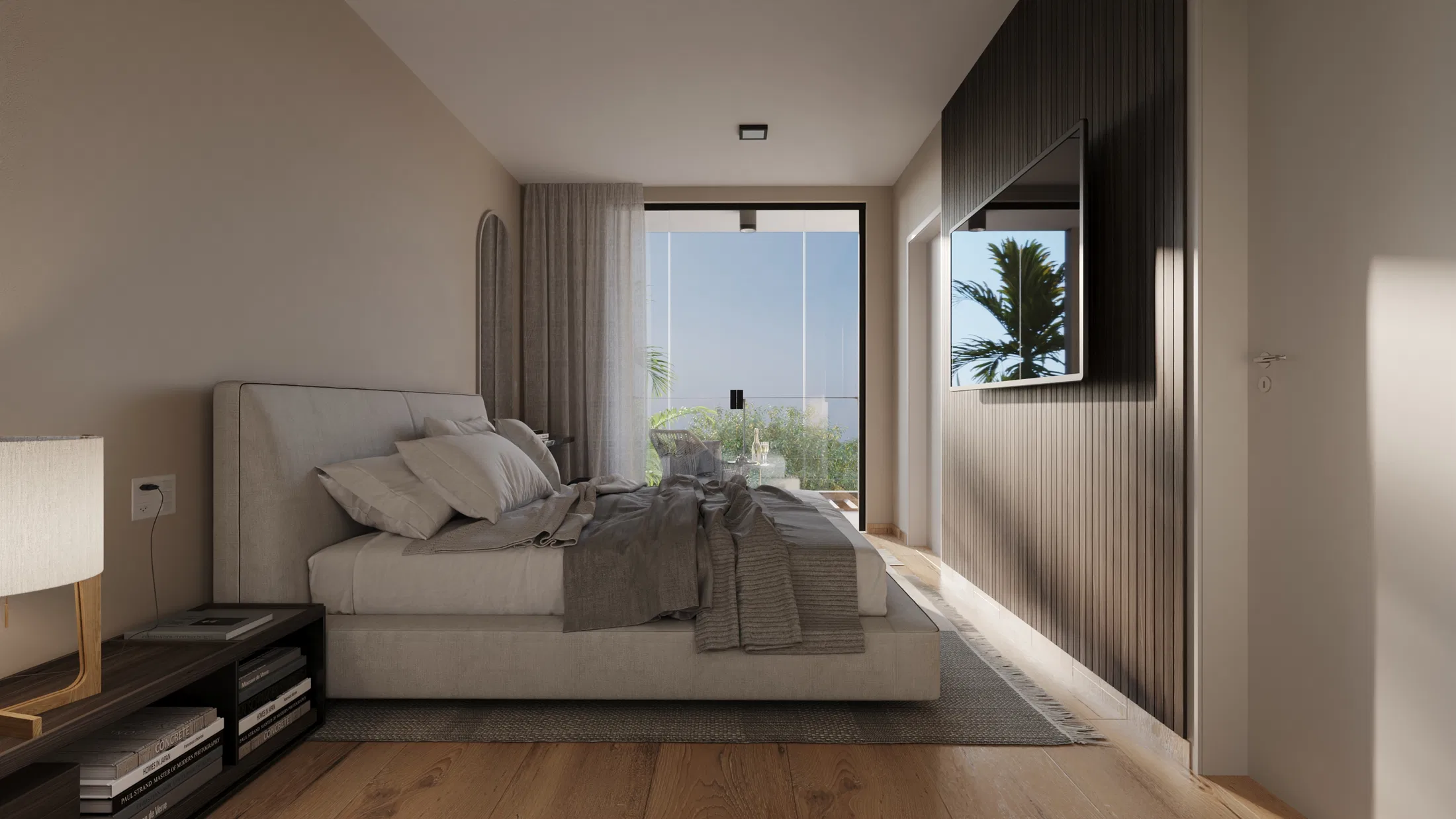 Master suite with an upholstered headboard, a dark slatted panel and a glass door leading to a balcony with greenery