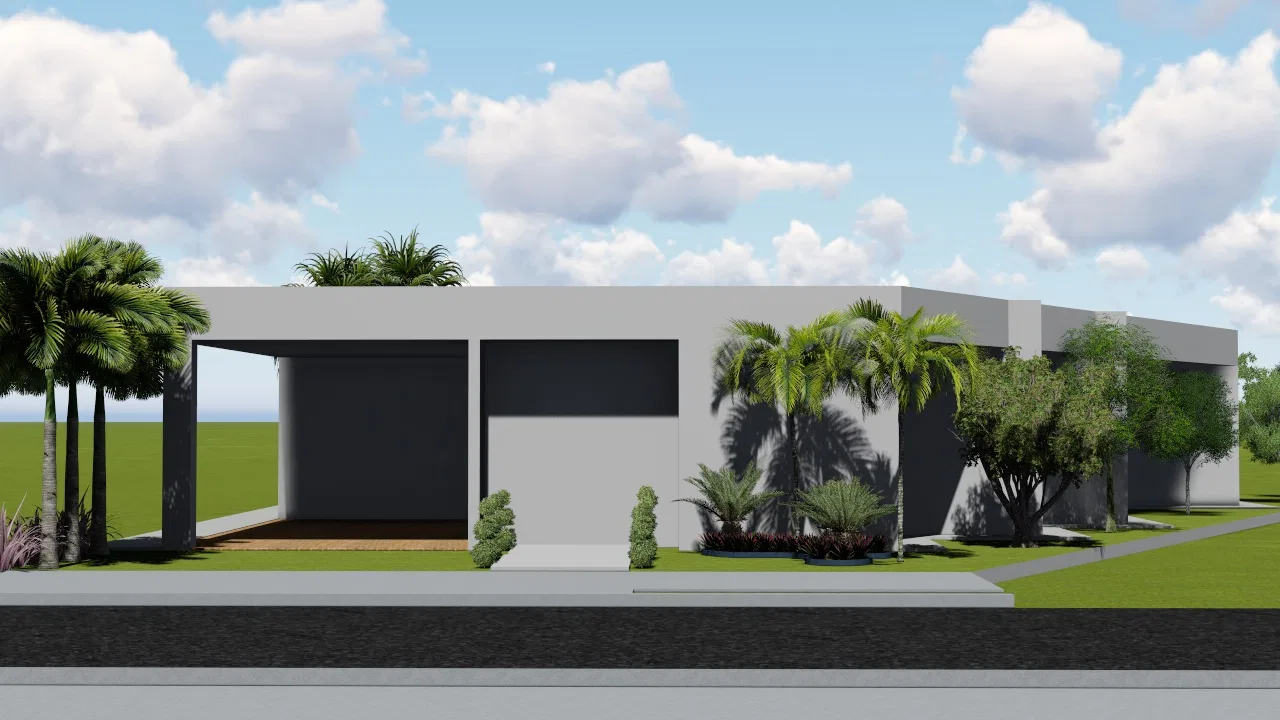 Front elevation of the low horizontal home in light tones, with a carport, palms, cycads and trees over a broad lawn