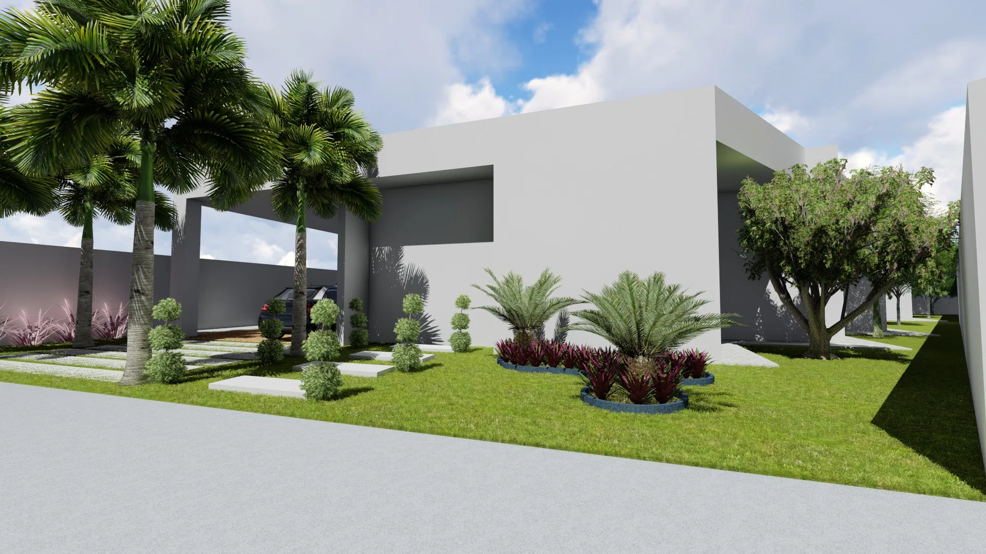 Front of the single-storey house with palms of varying heights, cycads in circular beds with burgundy underplanting and topiary over the lawn