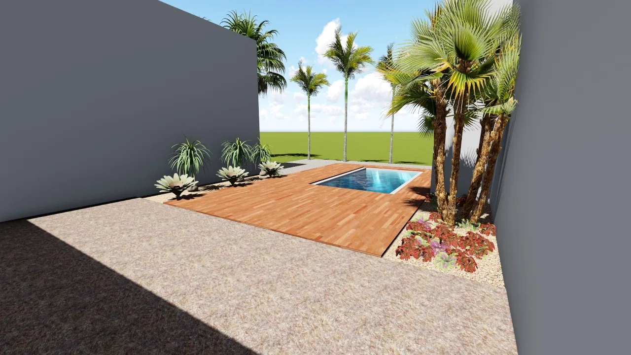 Rear patio with neutral walls, a wood deck and a rectangular pool, fan palms in the corner and ground cover over a gravel bed