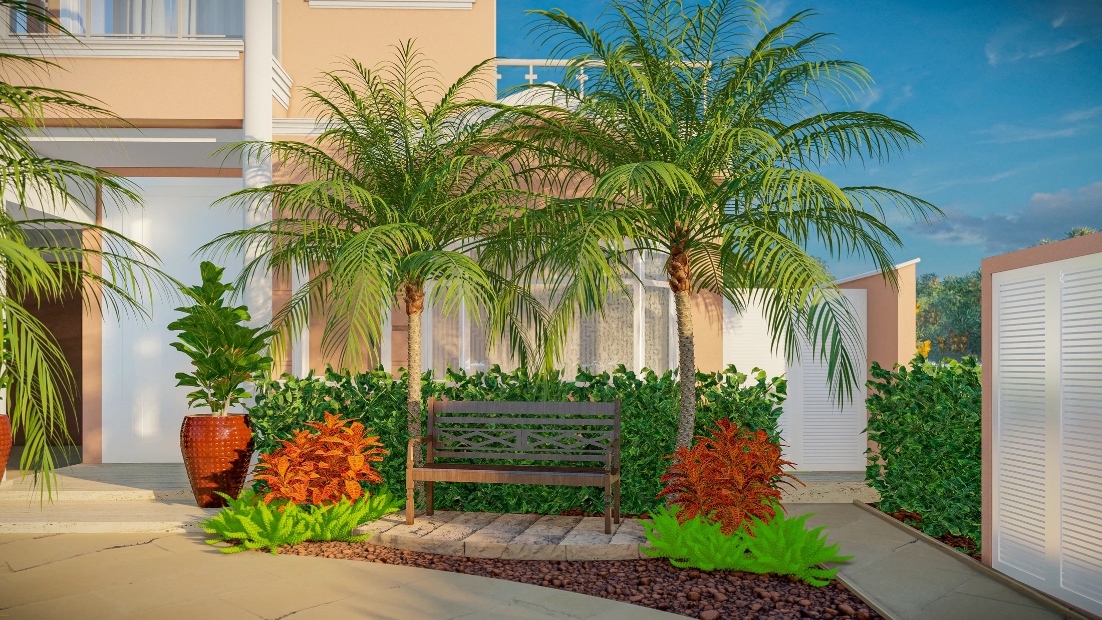 Wood bench between palm trees and a hedge, with green foliage pots and orange-plant beds
