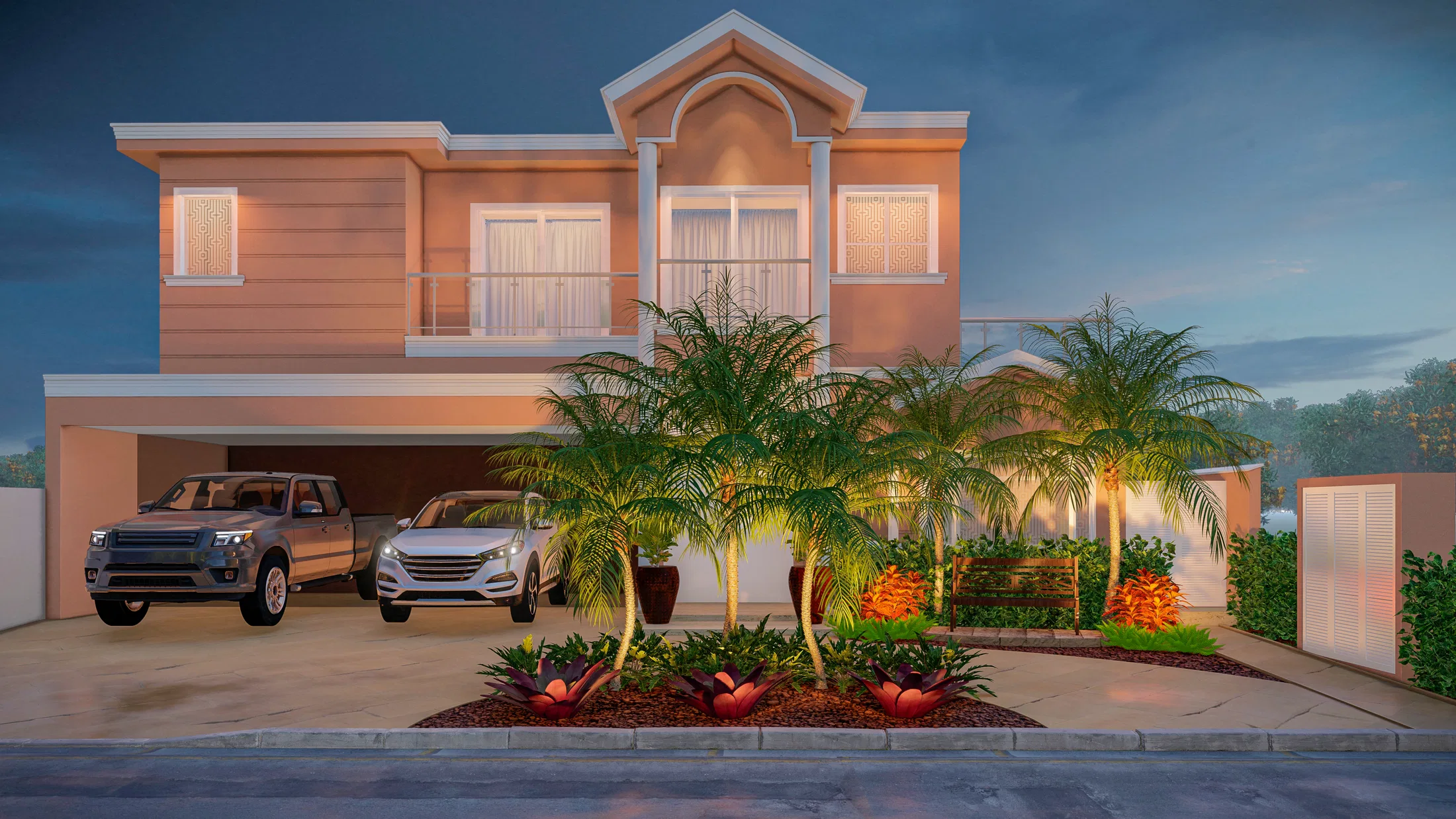 Two-story house facade at dusk with lit palm trees, a bromeliad bed and two cars in the carport